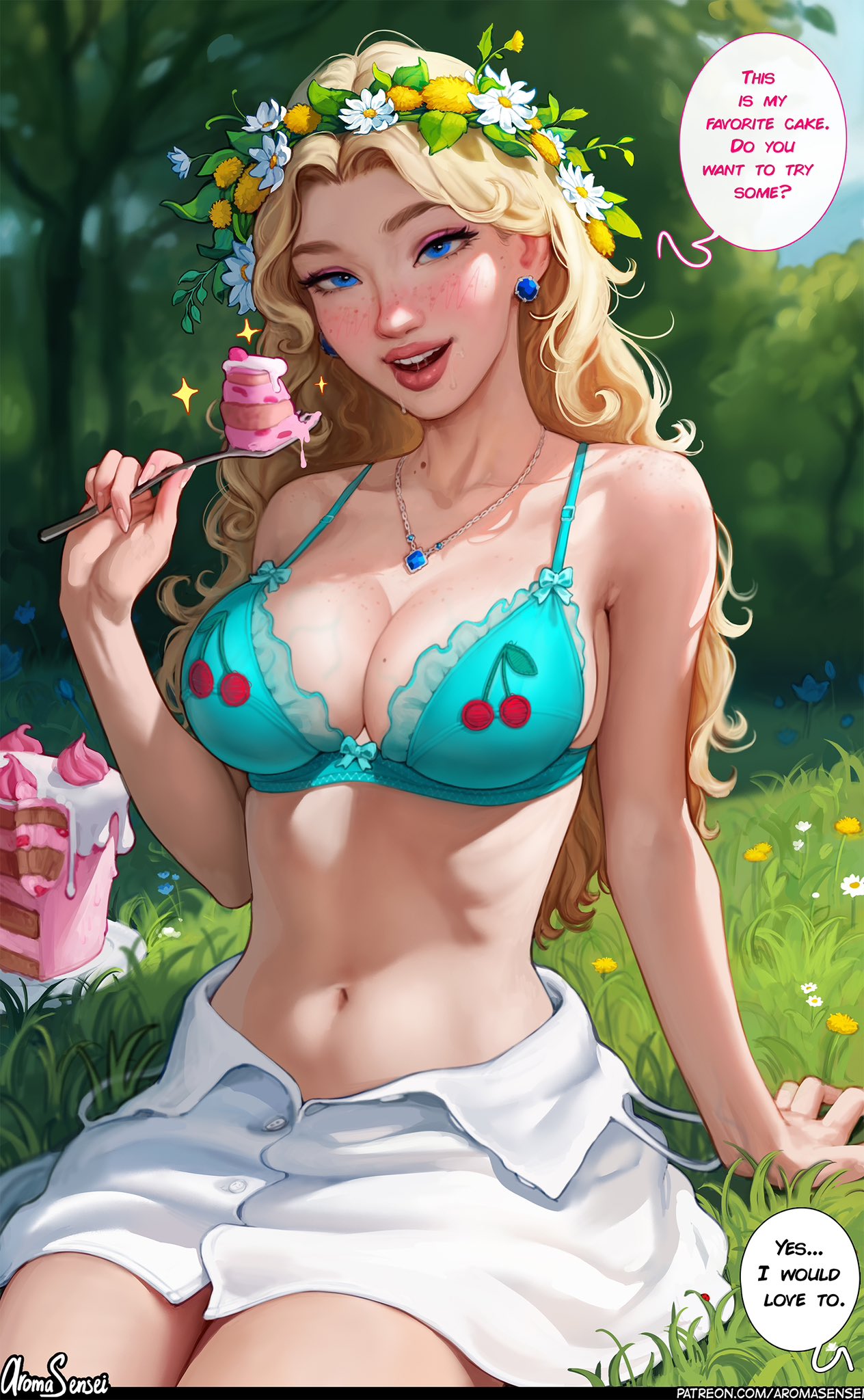 1girls, aroma sensei, ass, background, big ass, big breasts, blonde hair, blue eyes, breasts, busty, cake, curvaceous, curvy, curvy figure, cute, cute face, digital media (artwork), dress, english text, eyebrows, eyelashes, eyes, female, female focus, fit, fit female, food, hair, haley (stardew valley), hips, hourglass figure, human, large breasts, legs, light skin, light-skinned female, lips, long hair, mature, mature female, sitting, slim, slim waist, stardew valley, straight, thick, thick legs, thick thighs, thighs, top heavy, upper body, voluptuous, waist, wide hips