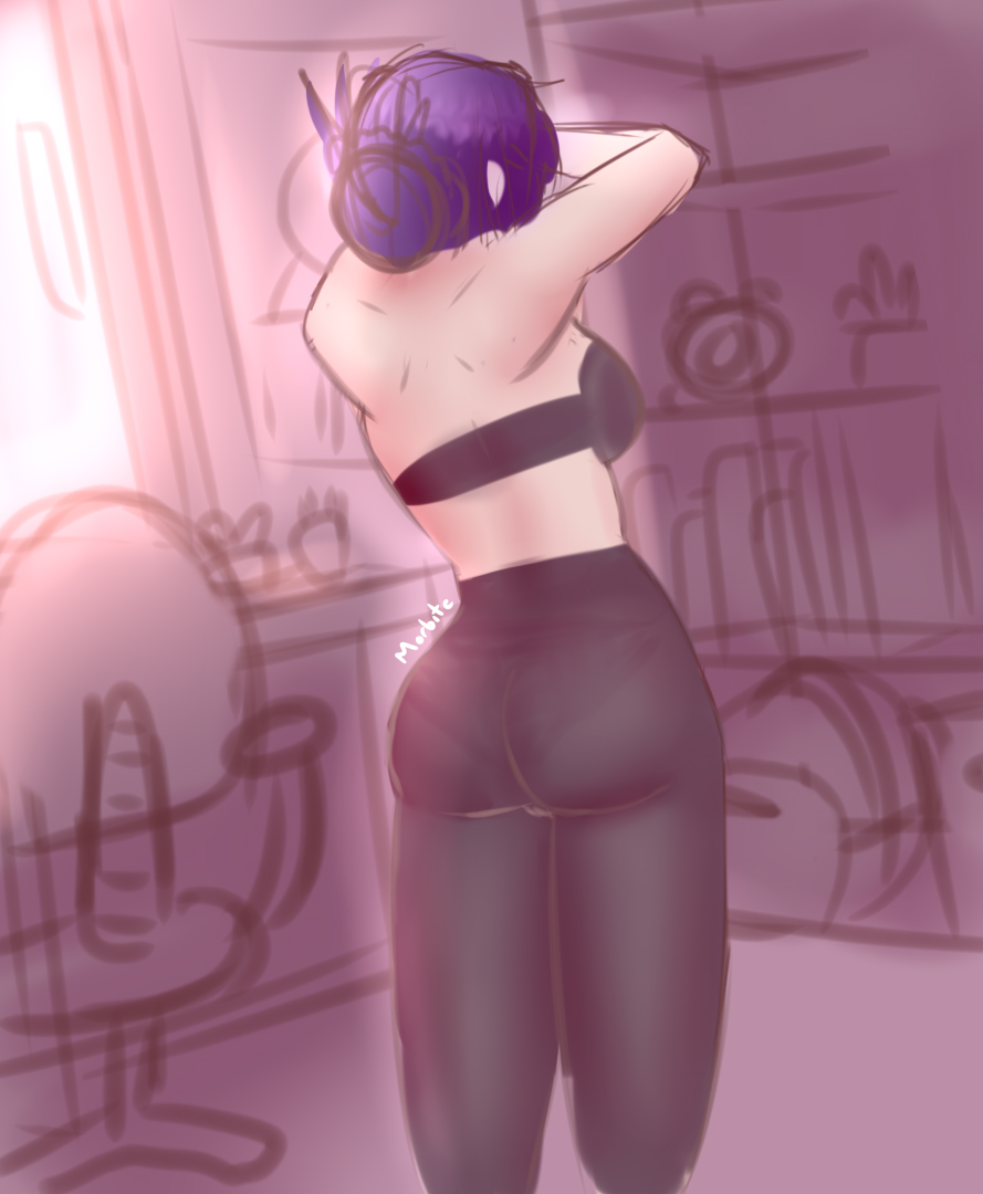 1girls artist_name ass back_view behind_view black_bra bra breasts doki_doki_literature_club english_text female hair_bun hairbun morbite panties pantylines purple_hair text yuri_(doki_doki_literature_club)