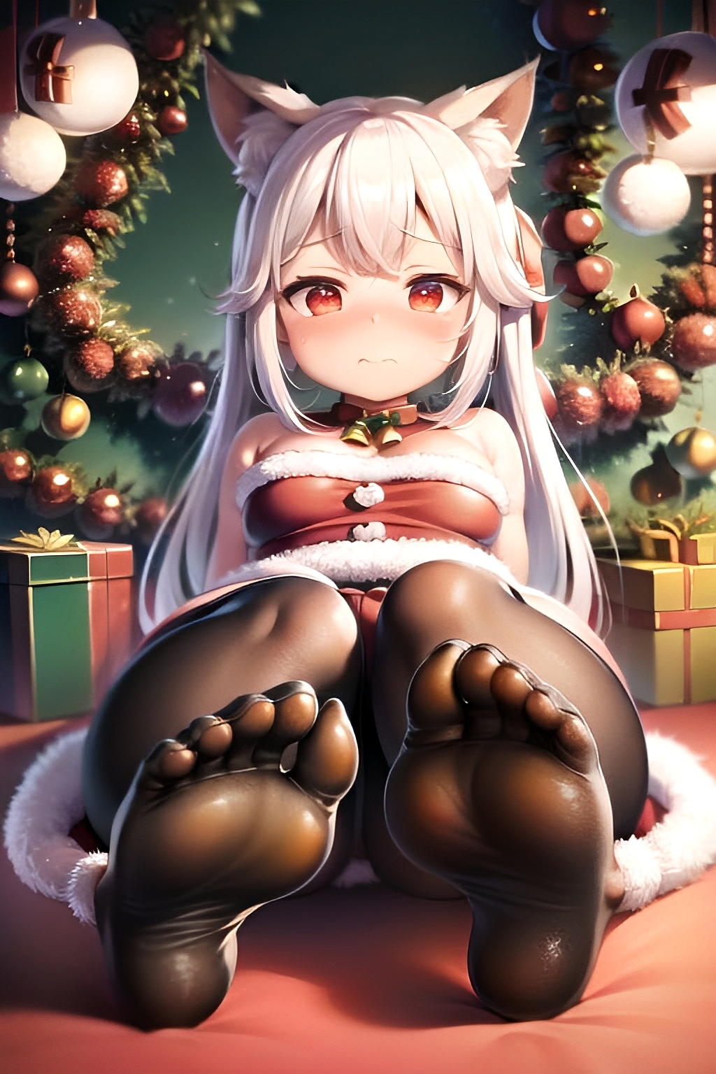 1girls 5_toes ai_generated black_legwear blush cat_ears christmas christmas_clothing christmas_outfit closed_mouth clothed embarrassed female female_focus female_only foopanthia foot_fetish foot_focus legs legwear long_hair looking_at_viewer original original_character pantyhose presenting presenting_feet red_eyes self_upload sitting sole_female soles solo solo_female thick_thighs thighs toes white_hair young