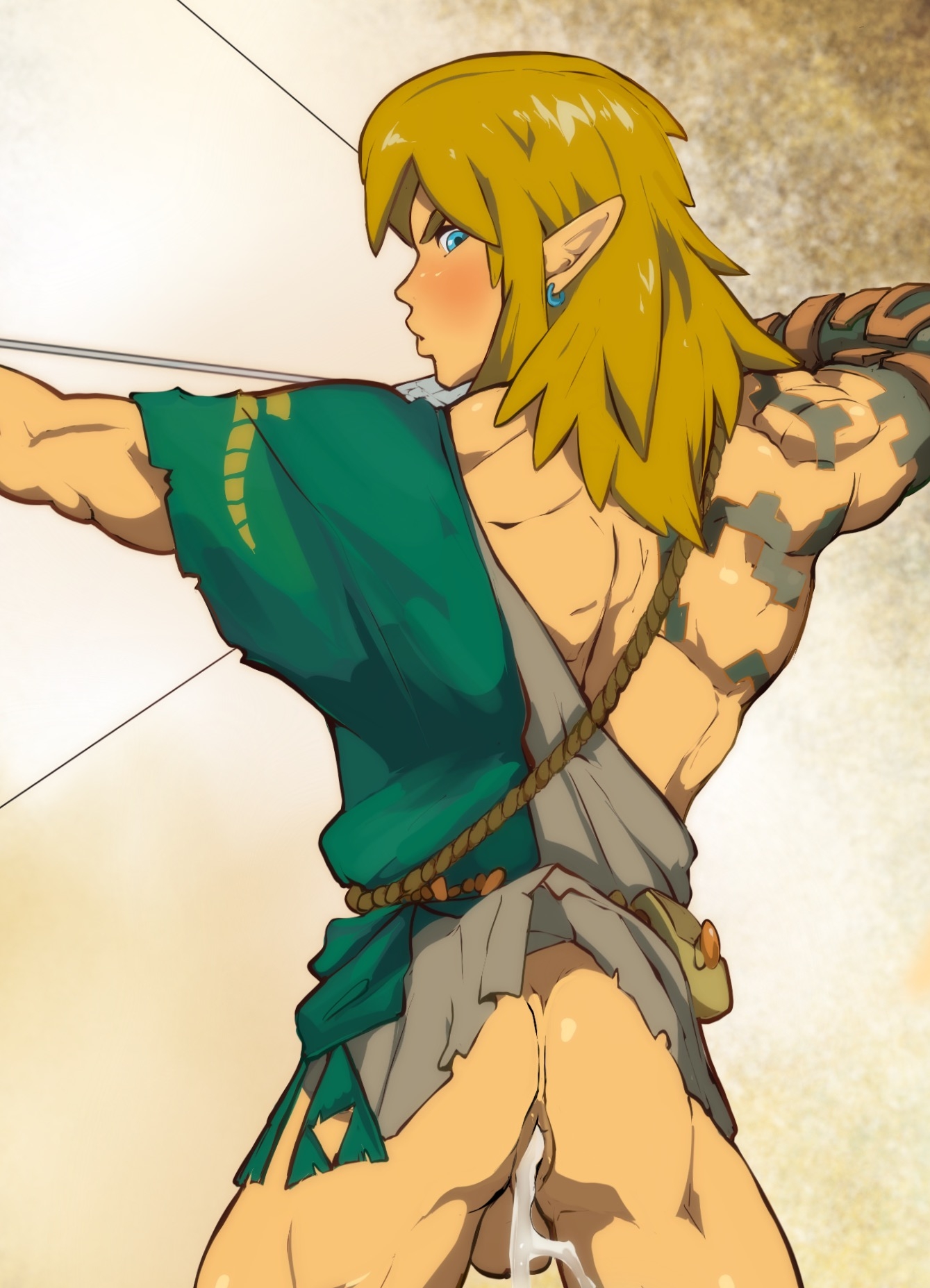 1boy, ass, athletic, blonde hair, bottomless, cum, cum drip, cum dripping from ass, cum in ass, gay, lilprincyvi, link, link (tears of the kingdom), male, male only, muscular, muscular ass, muscular back, muscular femboy, prosthetic arm, tears of the kingdom, the legend of zelda, twink