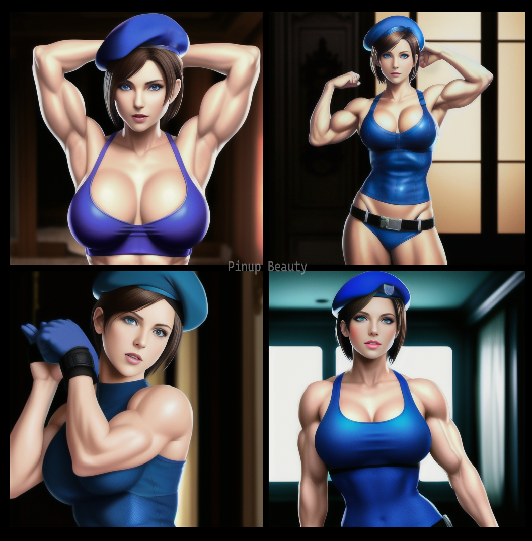 1girls ai_generated beret brown_hair buff capcom female female_only jill_valentine muscle muscular muscular_female pinup resident_evil resident_evil_remake video_game