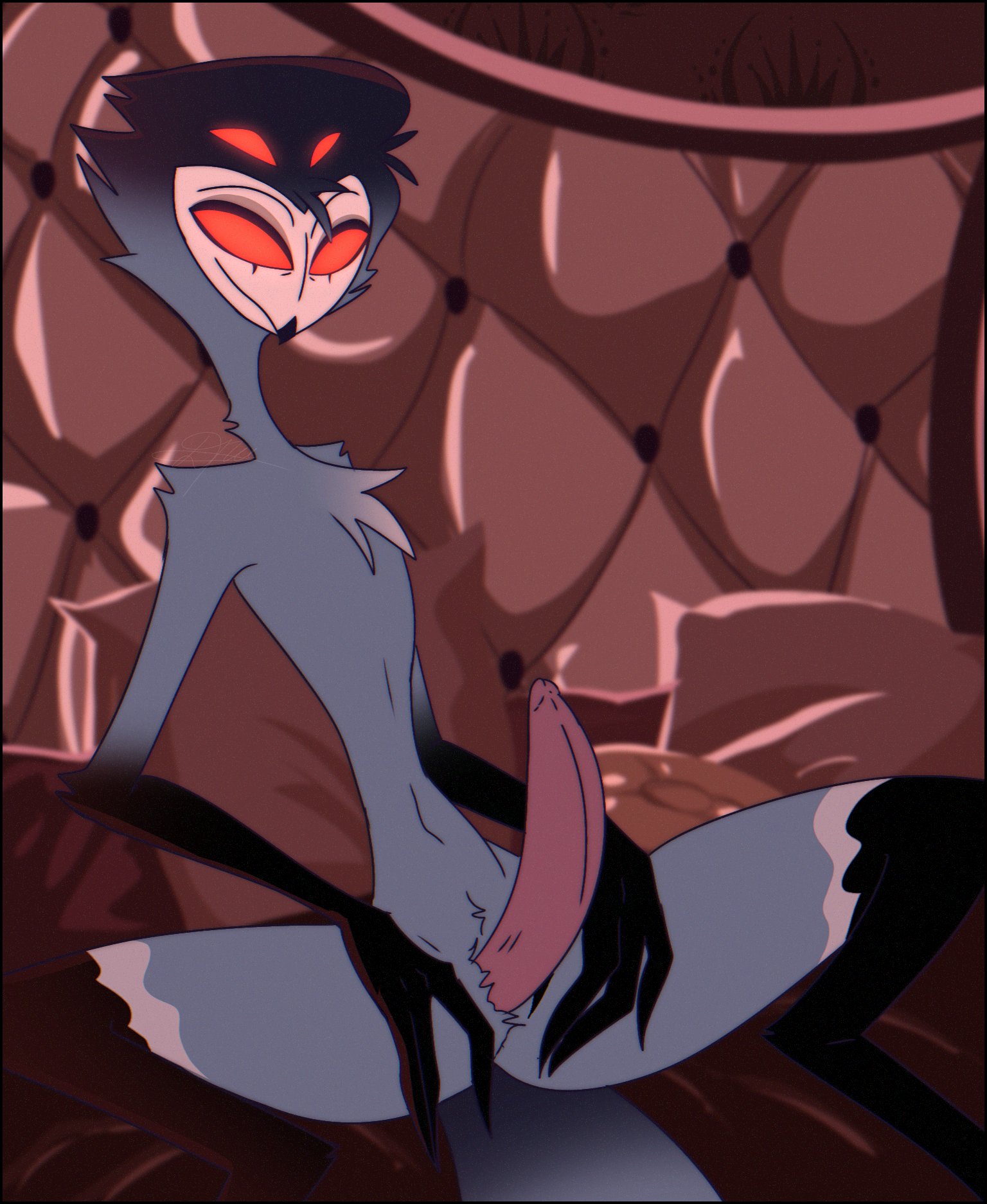 1boy, anthro, anthro only, anthrofied, armwear, balls, beak, bed, bedroom, bedroom eyes, blue body, blue fur, blue skin, chest hair, chest tuft, demon, erect penis, erection, helluva boss, horns, huge cock, kkcq20yk0db5mak, large penis, larger male, long penis, looking at viewer, male, male only, penis, presenting, presenting penis, sitting, sitting on table, smile, smiling, smiling at viewer, solo, solo focus, solo male, stolas (helluva boss), tail, testicles, vivienne medrano