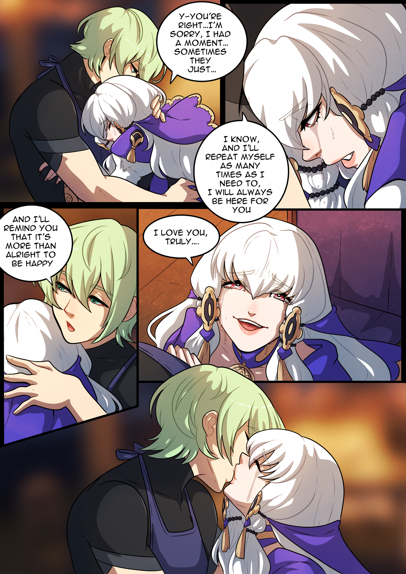 1boy, 1girls, byleth (fire emblem), byleth (fire emblem) (male), comic, crying, english text, female, fire emblem, fire emblem: three houses, green hair, kinkymation, kissing, lysithea von ordelia, male, nintendo, text, white hair