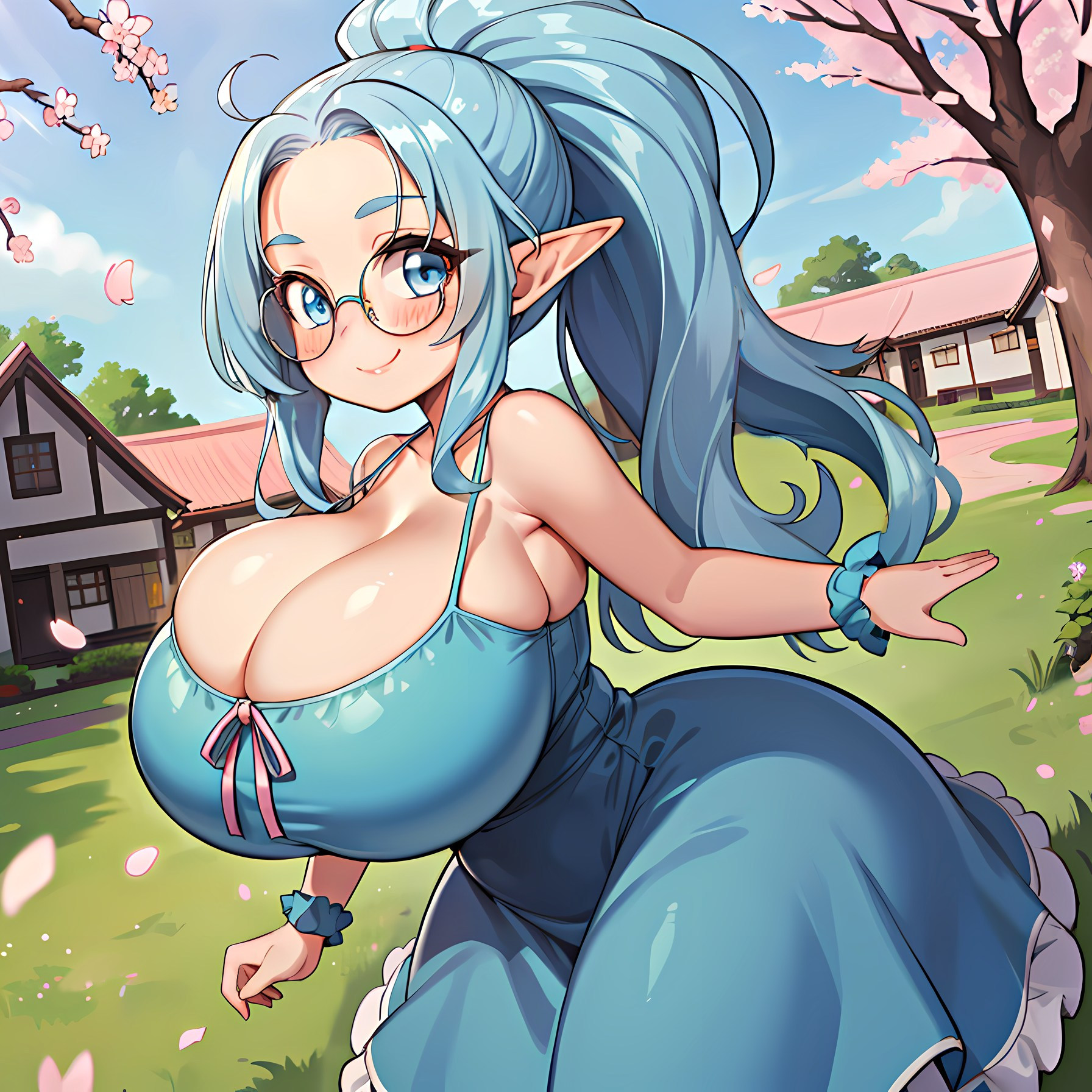 ai generated, blue hair, breasts, curvaceous, curvy figure, doppelgänger ai, elf, elf female, female, female focus, female only, huge breasts, ponytail, stable diffusion, voluptuous