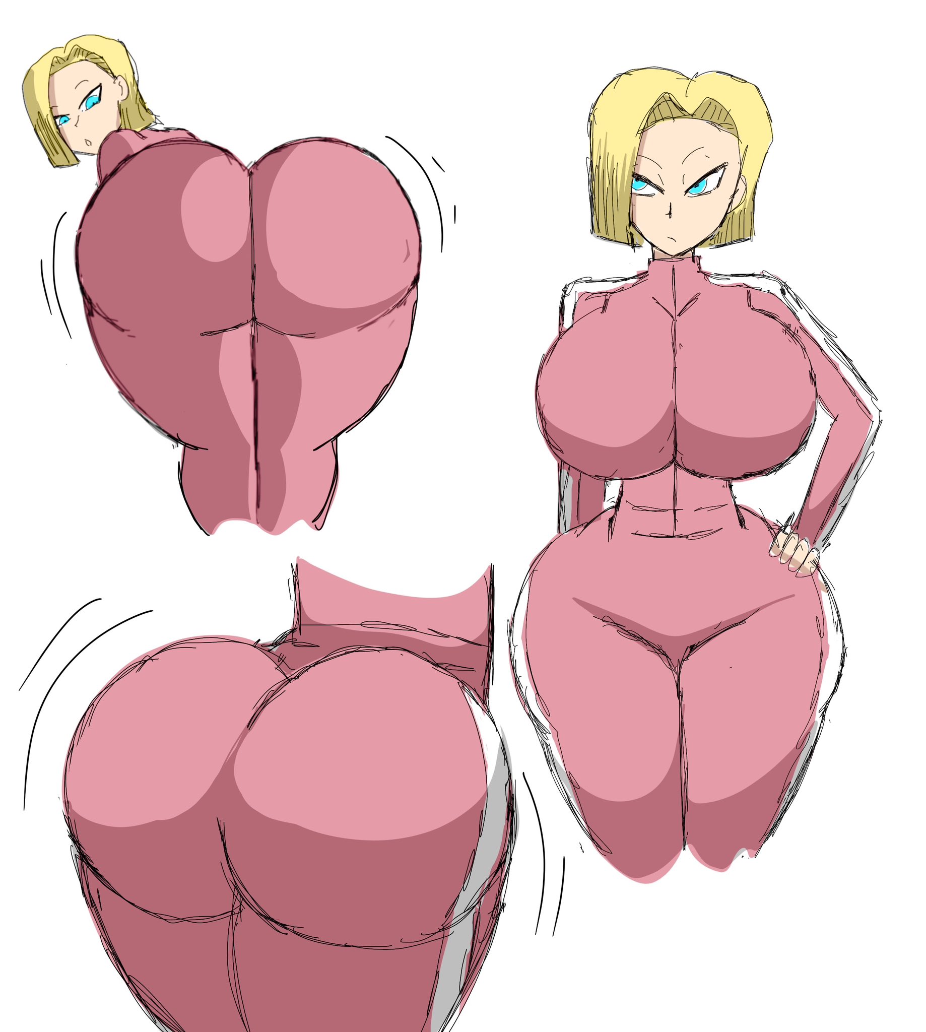 1girls, android 18, ass, big ass, blonde hair, blonde-haired female, blue eyes, blue-eyed female, bubble ass, bubble butt, curvaceous, curvy, curvy figure, dragon ball, dragon ball super, female, female only, fully clothed, milf, plain background, solo, white background, zdaddyecchi
