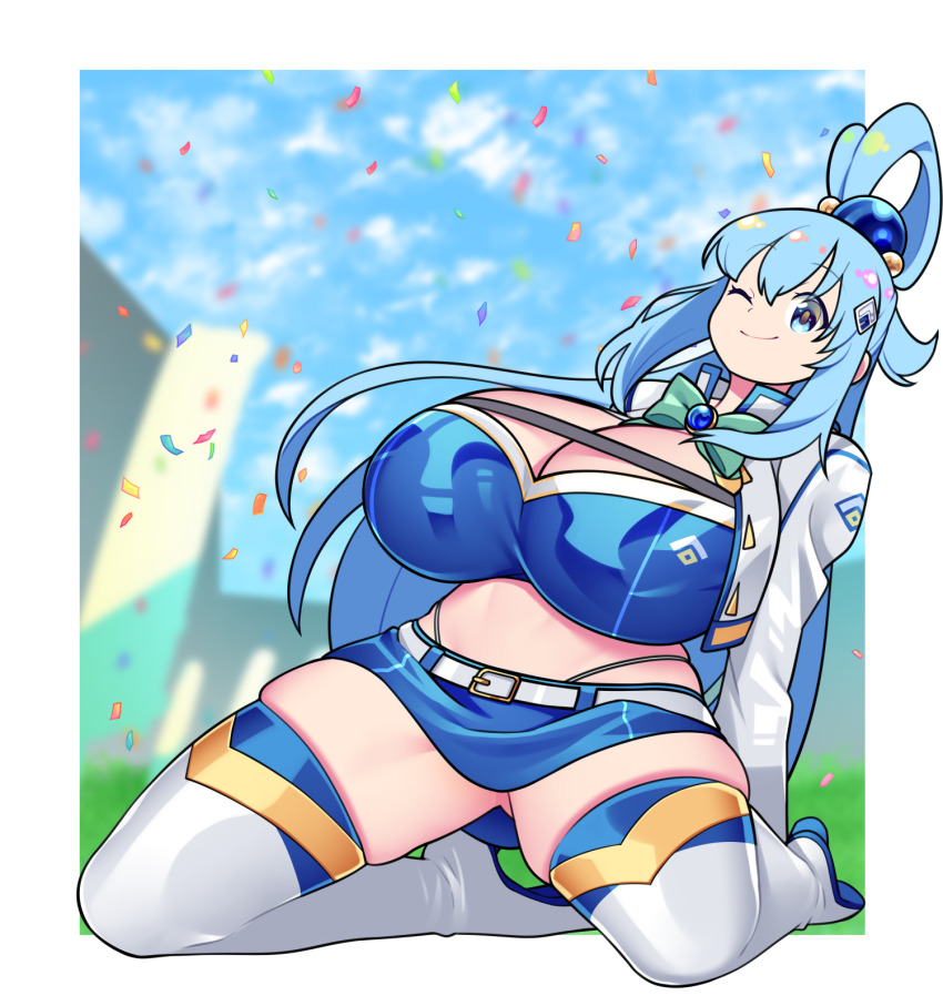 1girls 2d 2d_(artwork) aqua_(konosuba) ass_visible_through_thighs bellupup big_breasts blue_eyes blue_hair blue_skirt blue_sky blurry blurry_background boots border busty closed_mouth confetti crop_top cropped_jacket day female female_only full_body giant_breasts grass high_heel_boots high_heels huge_breasts jacket kono_subarashii_sekai_ni_shukufuku_wo! long_sleeves looking_at_viewer matching_hair/eyes midriff miniskirt on_knees one_eye_closed outdoors popped_collar race_queen skindentation skirt sky smile solo spread_legs thick_thighs thigh_boots thighhighs white_border white_footwear white_jacket wink