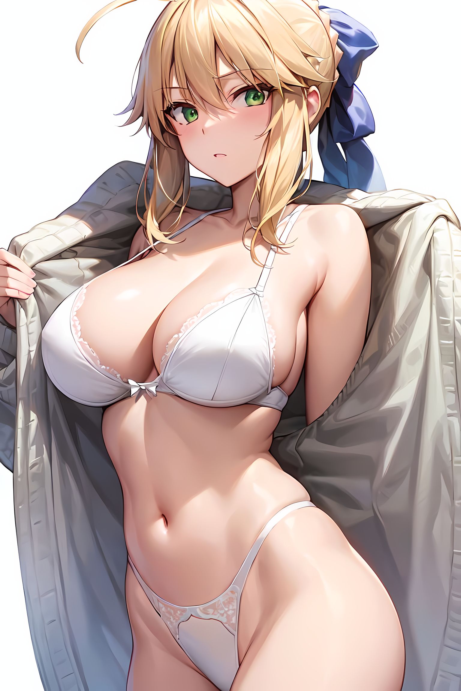 1girls, ahoge, ai generated, alternate breast size, artoria pendragon, blonde hair, bra, breasts, fate (series), fate/grand order, fate/stay night, female, green eyes, large breasts, light skin, light-skinned female, medium hair, panties, saber, stable diffusion, thighs