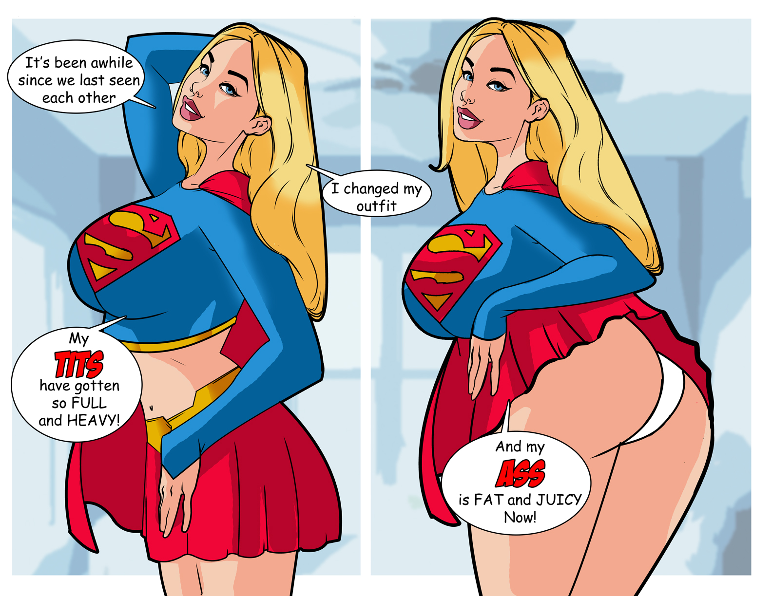 big breasts, blonde hair, blue eyes, breasts, busty, dc, dc comics, dialogue, female, female focus, hourglass figure, kara danvers, kara zor-el, kryptonian, large breasts, lipstick, long hair, makeup, miniskirt, mrfuzzynutz, panties, short skirt, skirt, speech bubble, supergirl, superheroine, superman (series), sweater, tagme, upskirt, white panties, wide hips
