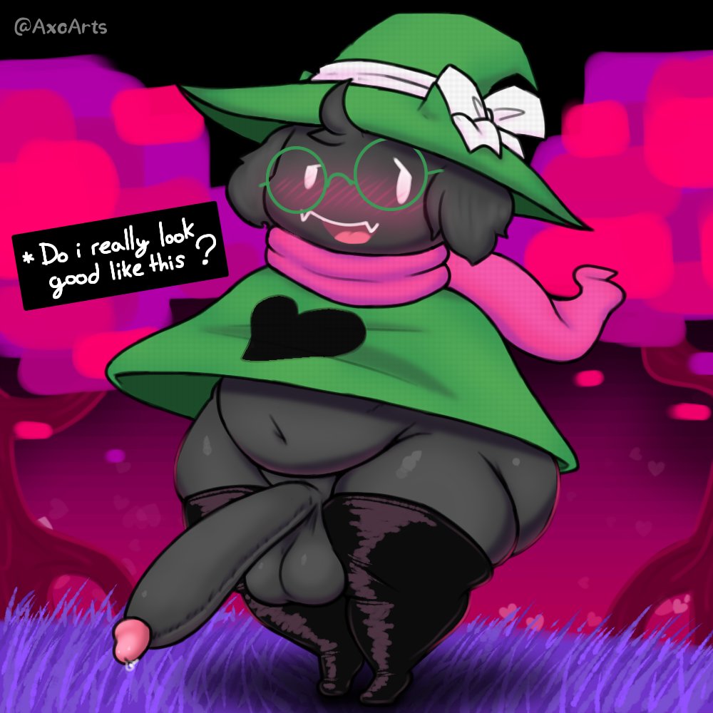 1boy 2d anthro anthro_male anthro_only ass axoarts balls belly big_balls big_butt big_penis black_body black_fur black_stockings black_thighhighs blush blush_lines bodily_fluids bottomless bovid caprine clothing deltarune digital_media_(artwork) english_text eyewear front_view fur furry furry_male furry_only genital_fluids genitals glasses goat grass green_clothing green_hat green_headwear green_robe half-closed_eyes hat hat_ribbon headgear headwear heart huge_cock humanoid humanoid_male humanoid_only legwear male male_only mammal mammal_humanoid narrowed_eyes navel outside penis pink_scarf plant precum ralsei ralsei_with_black_fur robe scarf solo standing stockings teeth testicles text thick_thighs thigh_highs thighhighs tongue tree undertale_(series) white_eyes white_ribbon