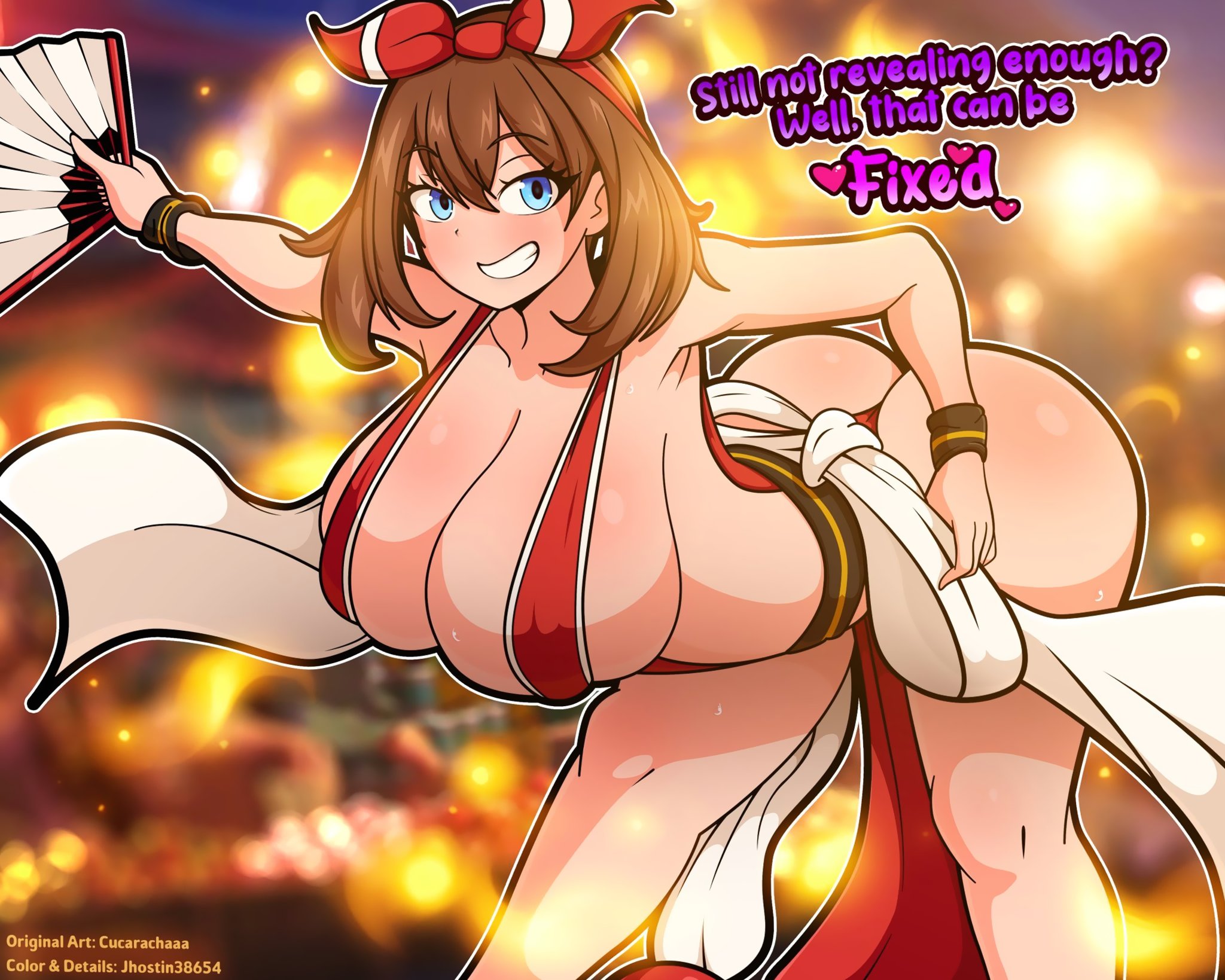 1girls, armpits, ass, bending over, blue eyes, breasts, brown hair, bubble ass, bubble butt, cosplay, cucarachaaa, dialogue, english text, fan, female, female only, game freak, holding object, huge ass, huge breasts, jhostin38654, king of fighters, light skin, long hair, mai shiranui (cosplay), may (pokemon oras), may (pokemon), naughty face, nintendo, pokemon, pokemon oras, ribbon, ribbon in hair, smile, snk, solo, text, thick thighs