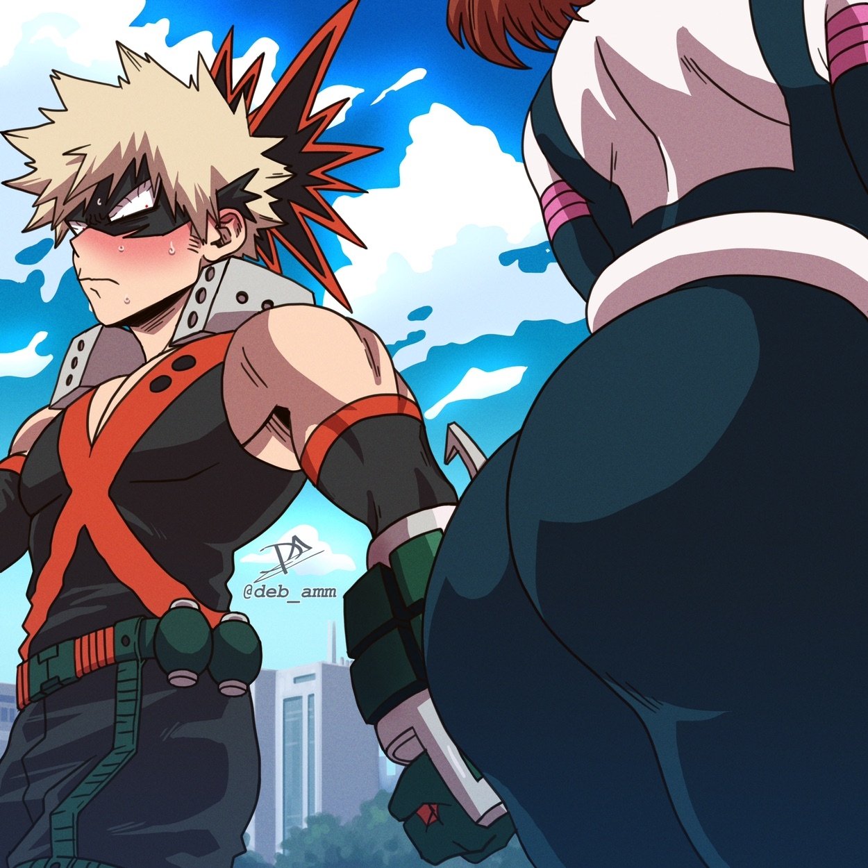 1boy 1girls ass ass_focus backside bakugou_katsuki big_ass blush bodysuit bubble_butt dat_ass deb_amm debby-san female hero_outfit_(mha) katsuki_bakugou looking_at_ass male mask muscles muscular_male my_hero_academia ochako_uraraka ochako_uraraka_(hero_outfit) round_ass skin_tight smooth_skin spiky_hair staring_at_ass sweat tight_clothing uraraka_ochako uraraka_ochako_(hero_outfit) viewed_from_below