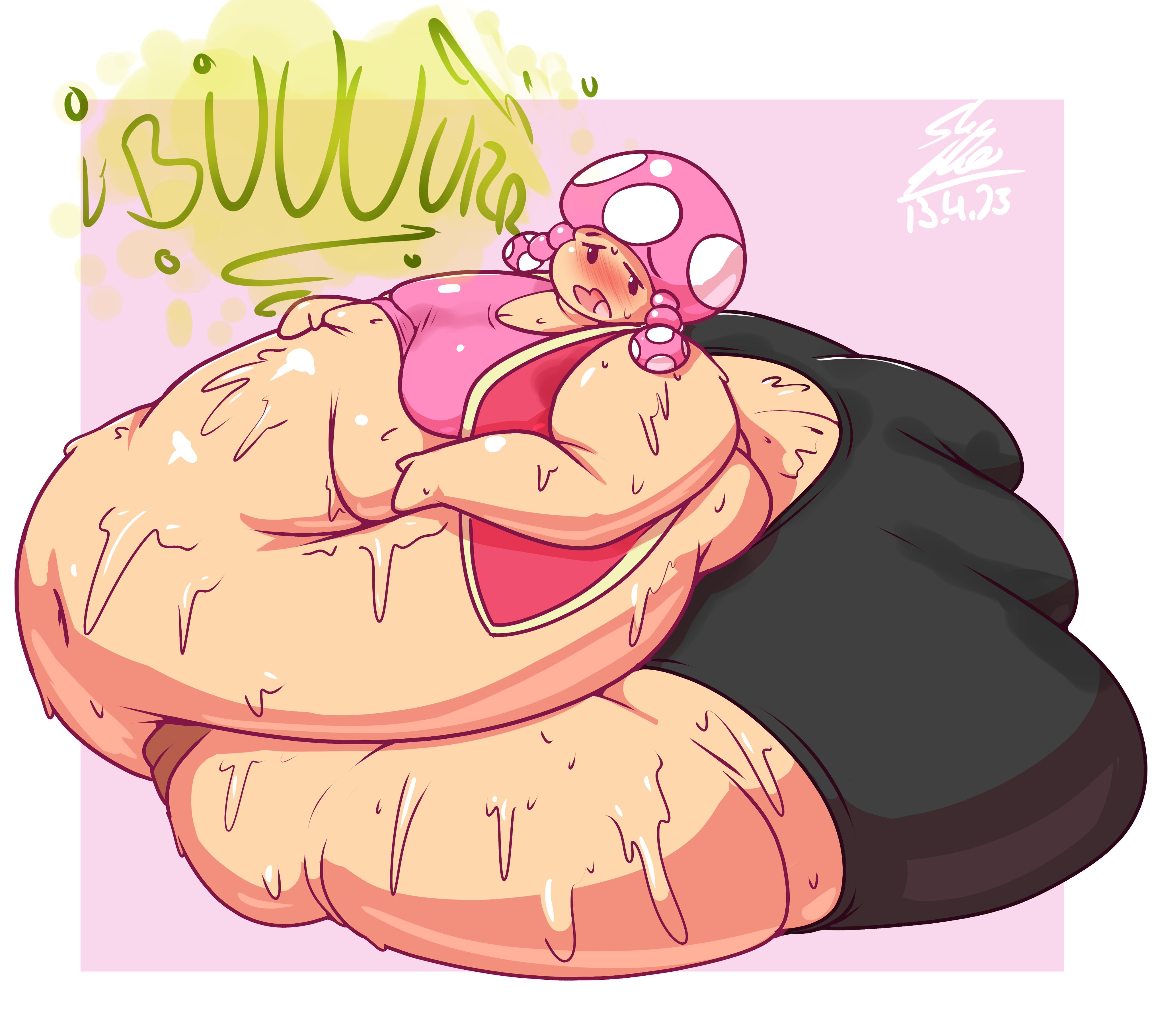 1girls, 2023, ass, big ass, big belly, burp, burp fetish, burping, clothing, dated, fat, fat fetish, female, female only, full body, fungi humanoid, fungus, hi res, high resolution, highres, hyper, hyper ass, hyper belly, large ass, large belly, mario (series), morbidly obese, mushroom, mushroom humanoid, obese, obese female, open mouth, overweight, overweight female, pink background, shy-sho, signature, simple background, sitting, solo, solo female, sweat, sweating, sweaty, sweaty body, toadette, white border