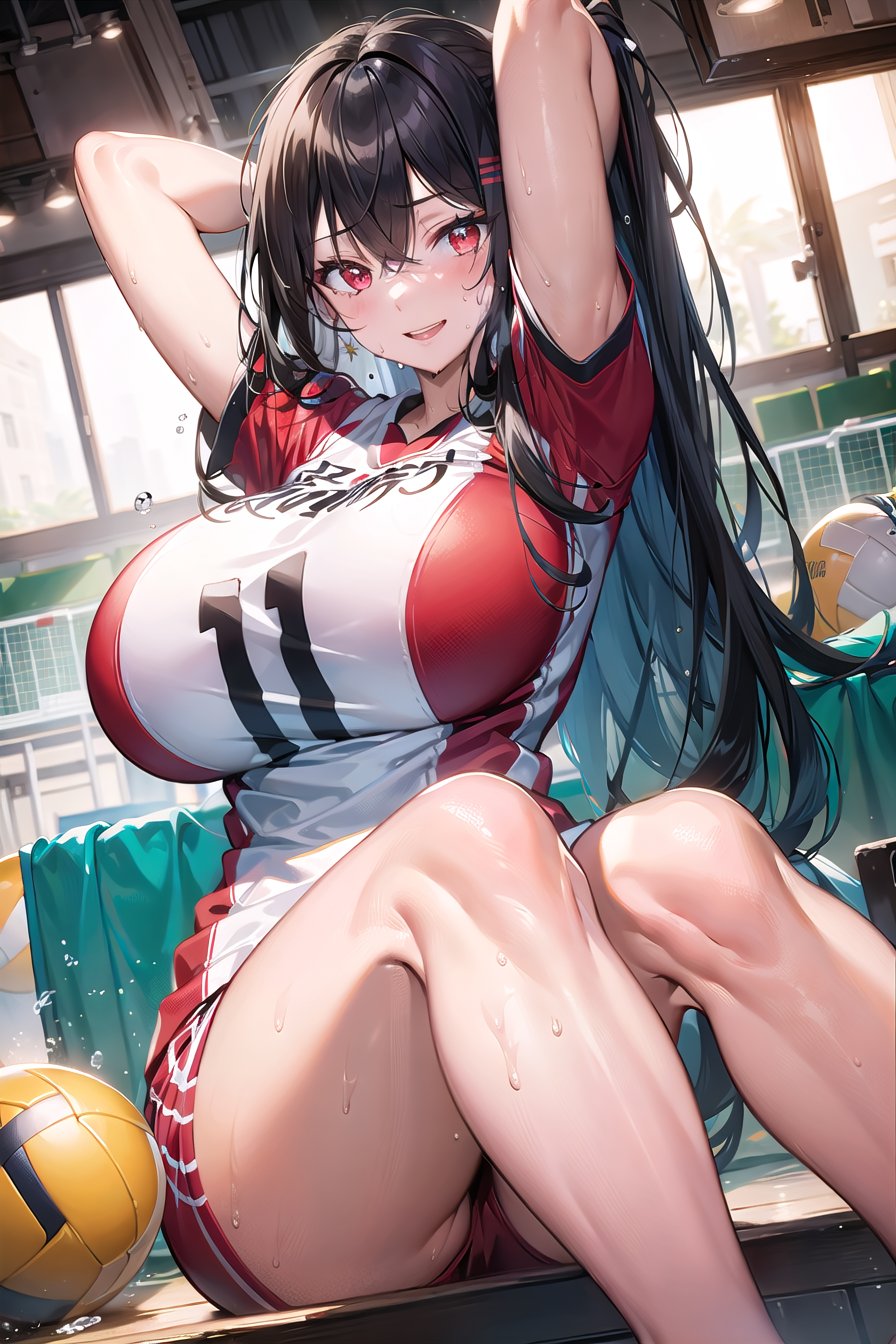 1girls, ai generated, black hair, breasts, curvy body, curvy female, curvy figure, female, female only, huge breasts, solo focus, sports uniform, stable diffusion, sweat, sweating, volleyball uniform, voluptuous, voluptuous female