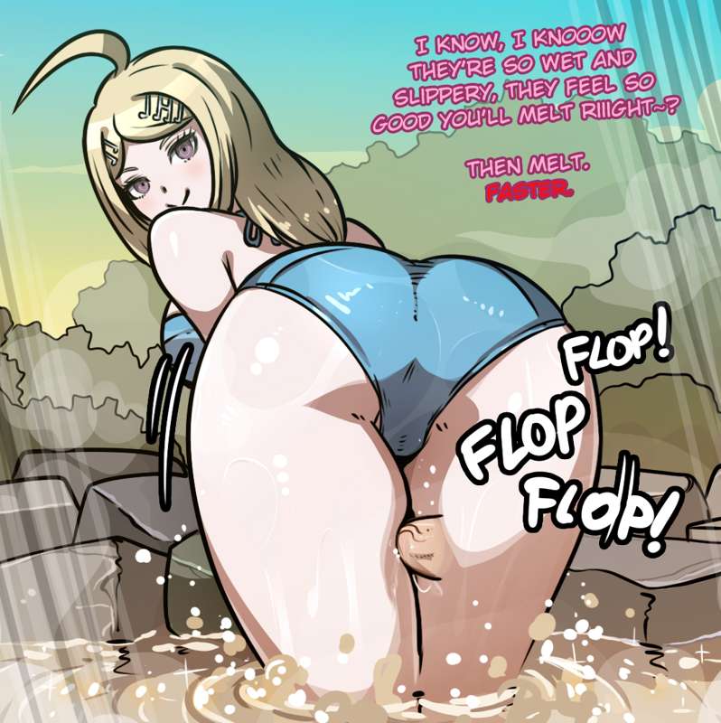 akamatsu kaede, bent over, blue swimsuit, danganronpa, english text, female, femdom, hot spring, male, mosbles, onomatopoeia, outside, penis, smooth skin, swimsuit, teasing, thick thighs, thigh sex, wet