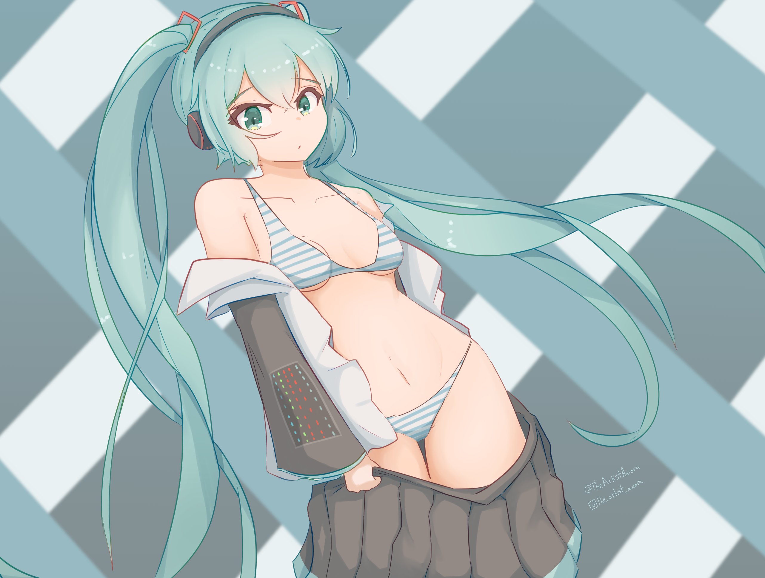 1girl, 1girls, black skirt, bra, breasts, female, hatsune miku, headphones, long hair, looking at viewer, matching underwear, navel, no humans, panties, pleated skirt, simple background, skirt, skirt pull, solo, striped, striped bra, striped panties, theartistaurora, twintails, underwear, undressing, very long hair, vocaloid