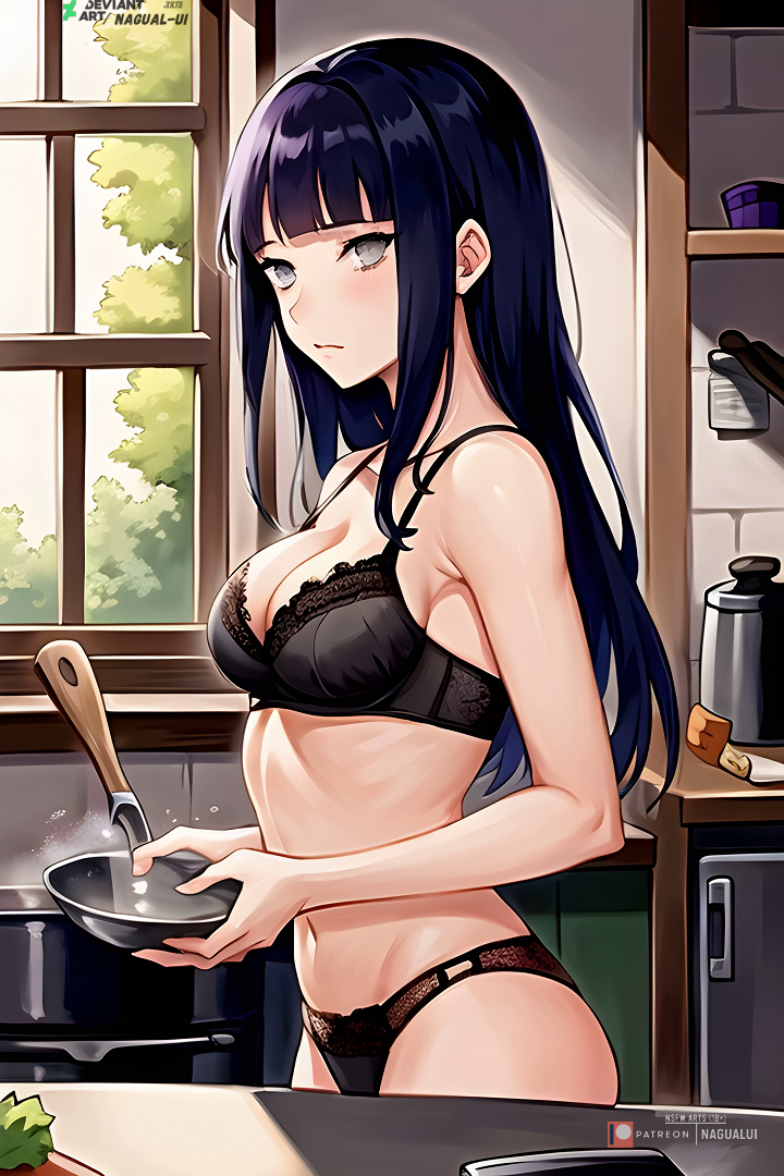 ai_generated black_bra black_hair black_panties grey_eyes hyuuga_hinata kitchen nagual-ui naruto naruto_(series) naruto_shippuden