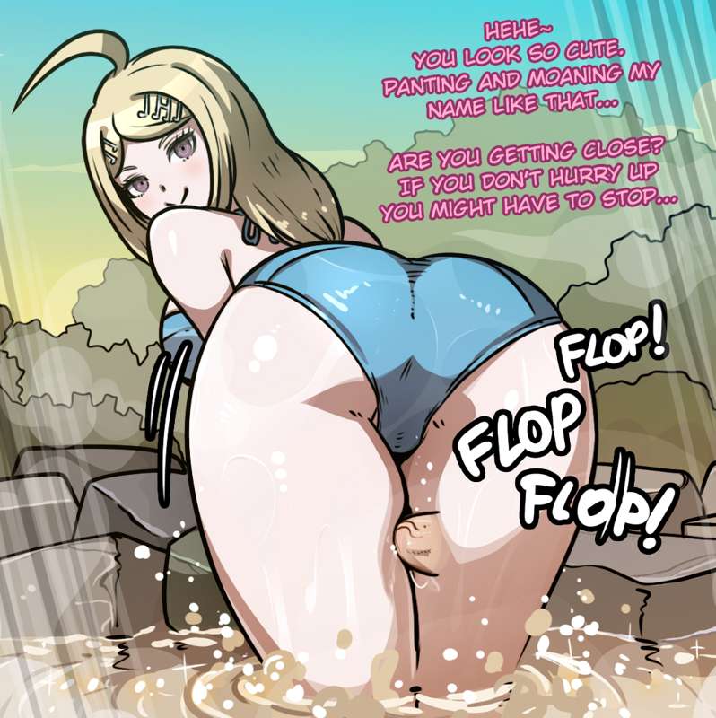 akamatsu kaede, bent over, blue swimsuit, danganronpa, english text, female, femdom, hot spring, long hair, male, mosbles, onomatopoeia, outside, smooth skin, swimsuit, teasing, thick thighs, thigh sex, wet