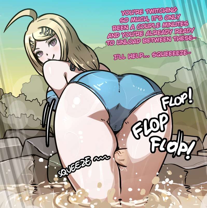 akamatsu kaede, bent over, blue swimsuit, danganronpa, english text, female, femdom, hot spring, male, mosbles, onomatopoeia, outside, penis, smooth skin, swimsuit, teasing, thick thighs, thigh sex, wet