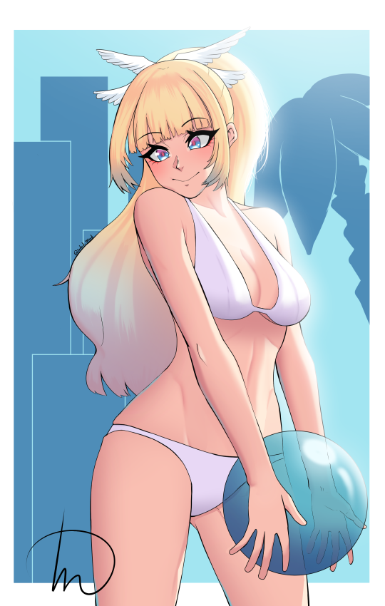 bikini blonde_hair blonde_hair blue_eyes female female headwings mia_mikhail ponytail smile solo tagme virtual_youtuber white_bikini wings