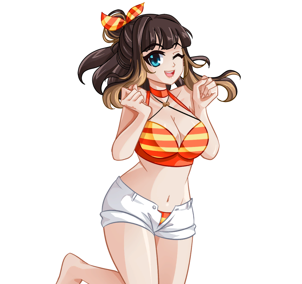 1girls bikini blue_eyes brown_hair crush_crush large_breasts peanut_(crush_crush) sad_panda_studios shorts smile striped_bikini thick_thighs unbuttoned_shorts winking_at_viewer