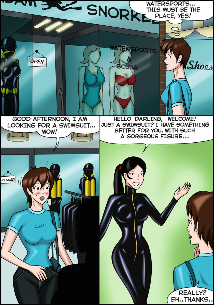 2d 2girls bodysuit comic drugged english_text female female_only front_zipper gas_mask kas_(rosvo) latex latex_clothing latex_suit original original_character page_1 png rosvo scuba_gear text wetsuit yuri zipper