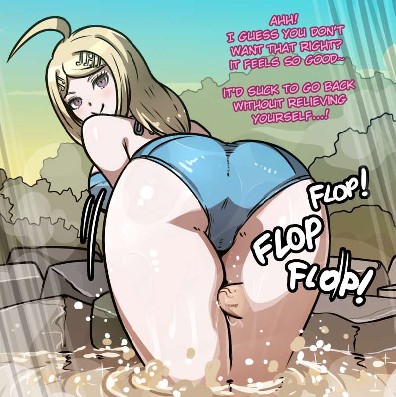 akamatsu kaede, bent over, blue swimsuit, danganronpa, english text, female, hot spring, male, mosbles, onomatopoeia, outside, penis, smooth skin, swimsuit, teasing, thick thighs, thigh sex, wet