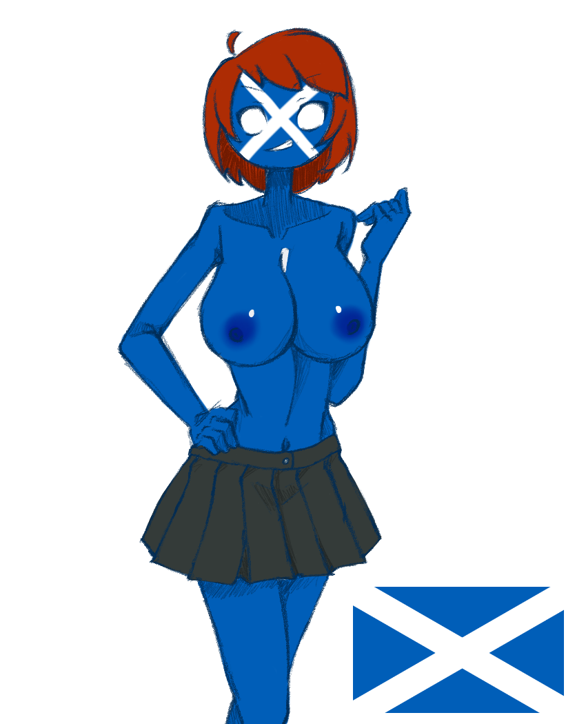 1girls belly_button blue_body blue_nipples blue_skin breasts brown_hair clothing countryhumans countryhumans_girl eyebrows_visible_through_hair female female_only legs redcosmos scotland_(countryhumans) short_hair simple_background skirt solo white_background white_eyes