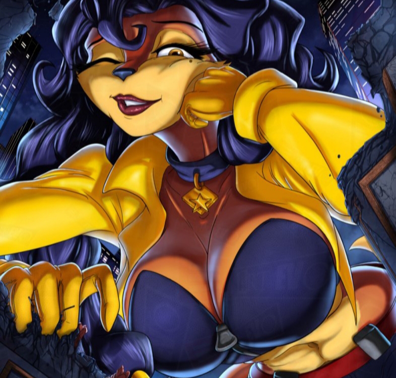 big breasts, breasts, canid, canine, carmelita fox, clothed, destroyed building, female, fox, furry, furry female, giant female, giantess, macro, macro anthro, macro female, sly cooper (series), vixen, vulpine
