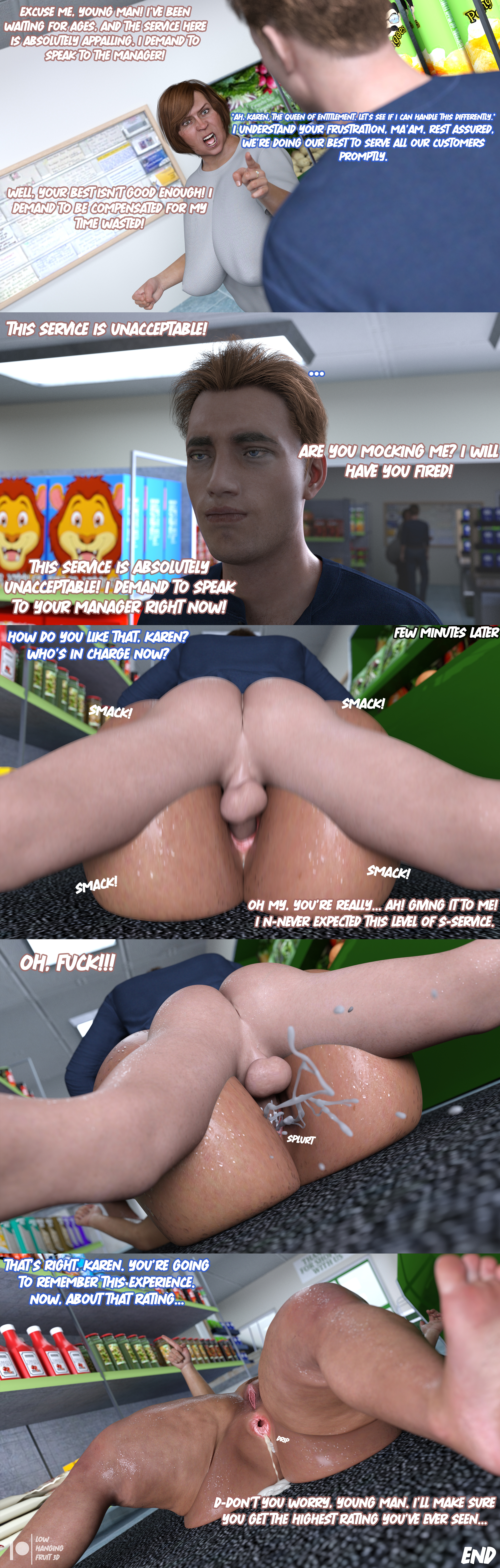 after sex, anal, anal sex, angry, angry sex, areolae, breasts, comic, comic page, cum, cum in pussy, cum inside, cum leaking, cum leaking out of anus, daz 3d, daz studio, daz3d, dialogue, domination, employee, feet, female, female penetrated, karen, lowhangingfruit3d (artist), male, male/female, mature, mature female, nipples, older female, on top, penis, pussy, sex, slightly chubby, store, sweat, sweatdrop, sweaty body, vagina