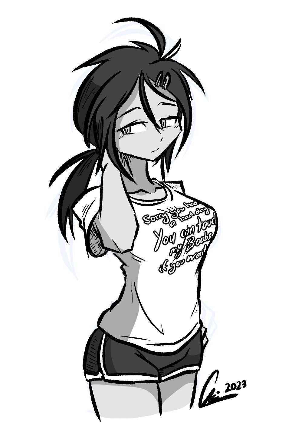 1girls 2023 breasts collarbone emeruga english_text female funny_shirt oc original_character ponytail shirt text