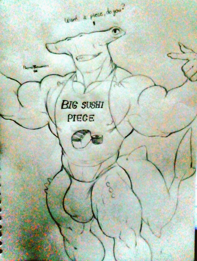 anthro bulge fish hammerhead_shark itzcharlie kosmonius male male_only marine muscular muscular_male pencil_(artwork) shark solo solo_male tank_top text thick_thighs