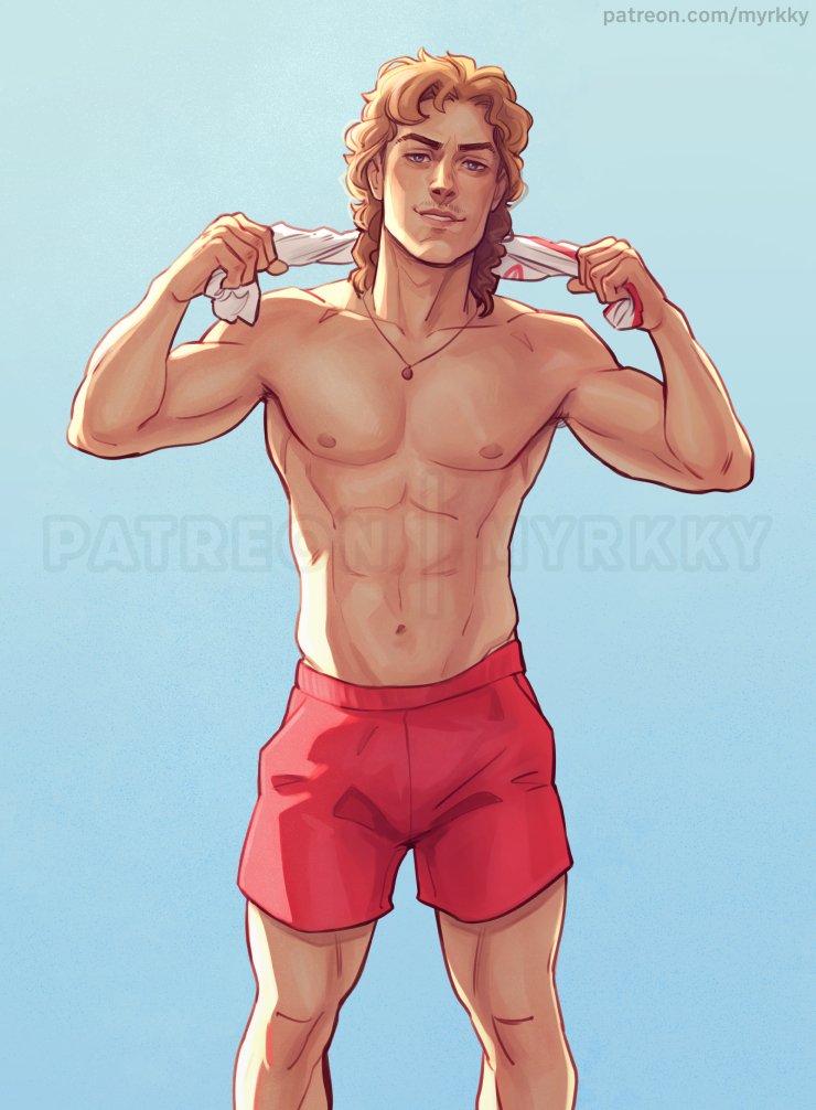 1boy biceps billy_hargrove caucasian caucasian_male lifeguard looking_at_viewer male male_only mullet muscles muscular muscular_male myrkky pecs shirtless_male smooth_chest smooth_skin solo solo_male stranger_things