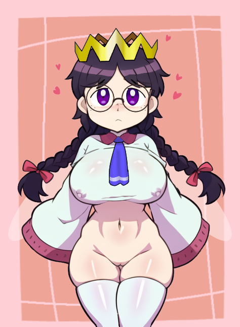 ai_generated big_breasts black_hair bottomless breasts clothing crown cute edit fairy fairy_wings feet_out_of_frame female frown glasses hair_ribbon heart kirby_(series) light_skin long_sleeves necktie nintendo nipples nipples_visible_through_clothing purple_eyes pussy queen_ripple ribbon shy solo thick_thighs thighhighs twin_braids