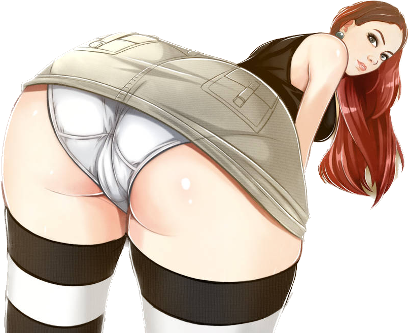 a-chan112 anonymous-chan anus_peek ass_focus bent_over cameltoe denim_skirt ecchi2023 female female_focus female_only genitals_visible_through_panties looking_at_viewer looking_back microskirt miniskirt panties pantyshot red_hair self_upload skirt solo stockings striped_stocking tank_top white_panties