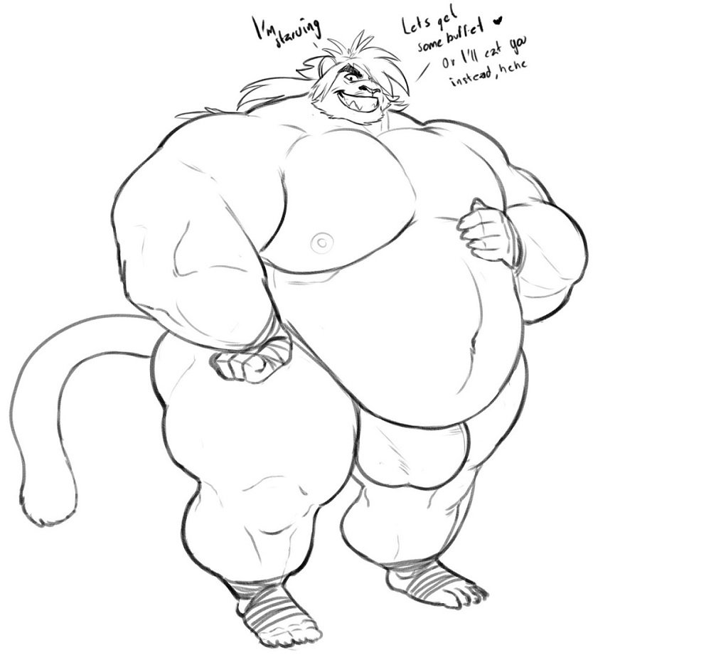 1boy anthro belly belly_button big_belly big_bulge big_muscles bulge english_text fat feline hand_on_belly itzcharlie kosmonius looking_at_viewer macan_(tokyo_afterschool_summoners) magan male male_only muscular muscular_male nipples obese obese_male overweight overweight_male solo solo_male text tiger tokyo_afterschool_summoners