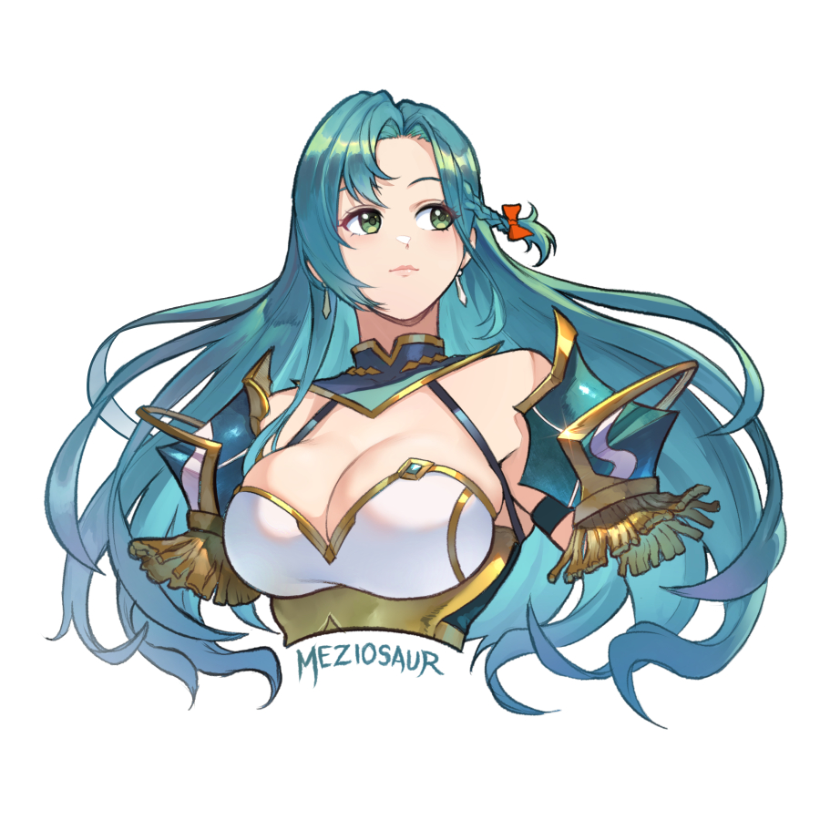 1girls aqua_hair armor artist_name bare_shoulders braid breastplate breasts chloe_(fire_emblem) cleavage commentary cropped_torso earrings female female female_only fire_emblem fire_emblem_engage green_eyes jewelry large_breasts long_hair looking_to_the_side meziosaur nintendo pauldrons shoulder_armor simple_background single_braid solo upper_body very_long_hair white_background