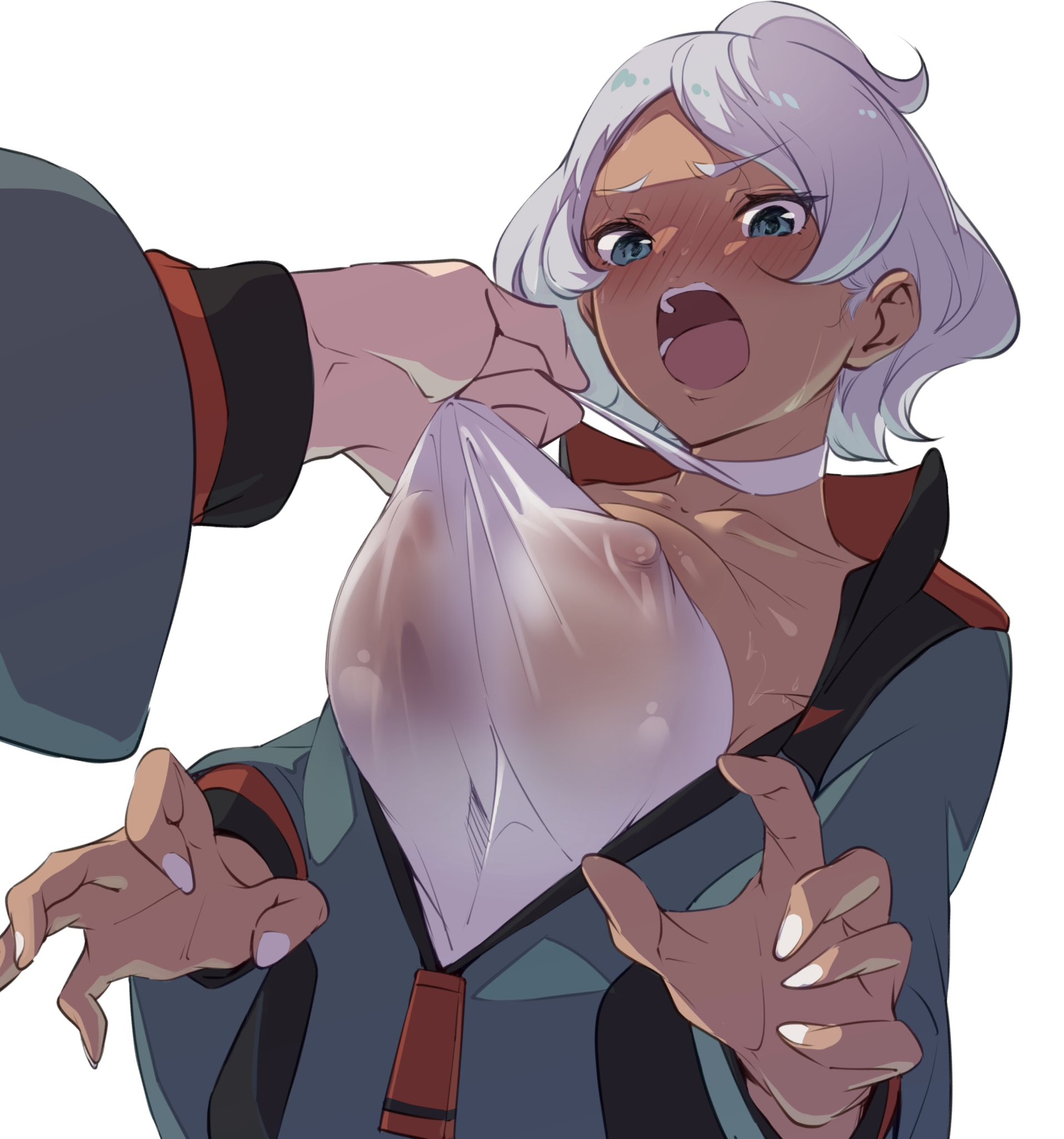 blue eyes, blush, breasts, clothes pull, collarbone, dark skin, female, gundam, gundam suisei no majo, highres, kiyama hito, large breasts, pulling clothing, secelia dote, shirt, short hair, simple background, wet, wet clothes, wet shirt, white background, white hair