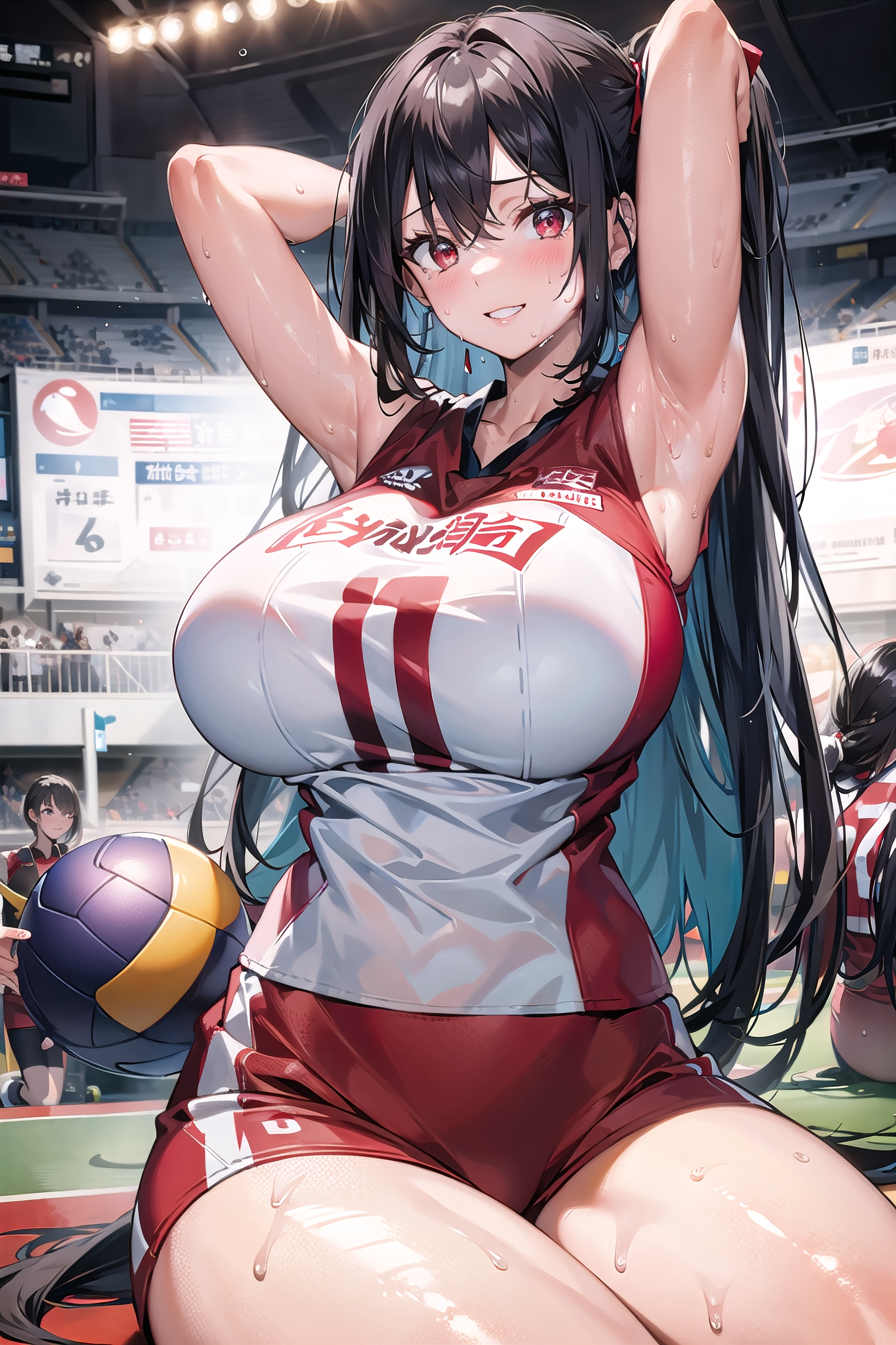 1girls, ai generated, black hair, breasts, curvy female, curvy figure, female, female focus, female only, hi res, huge breasts, long hair, solo female, solo focus, stable diffusion, volleyball, volleyball uniform