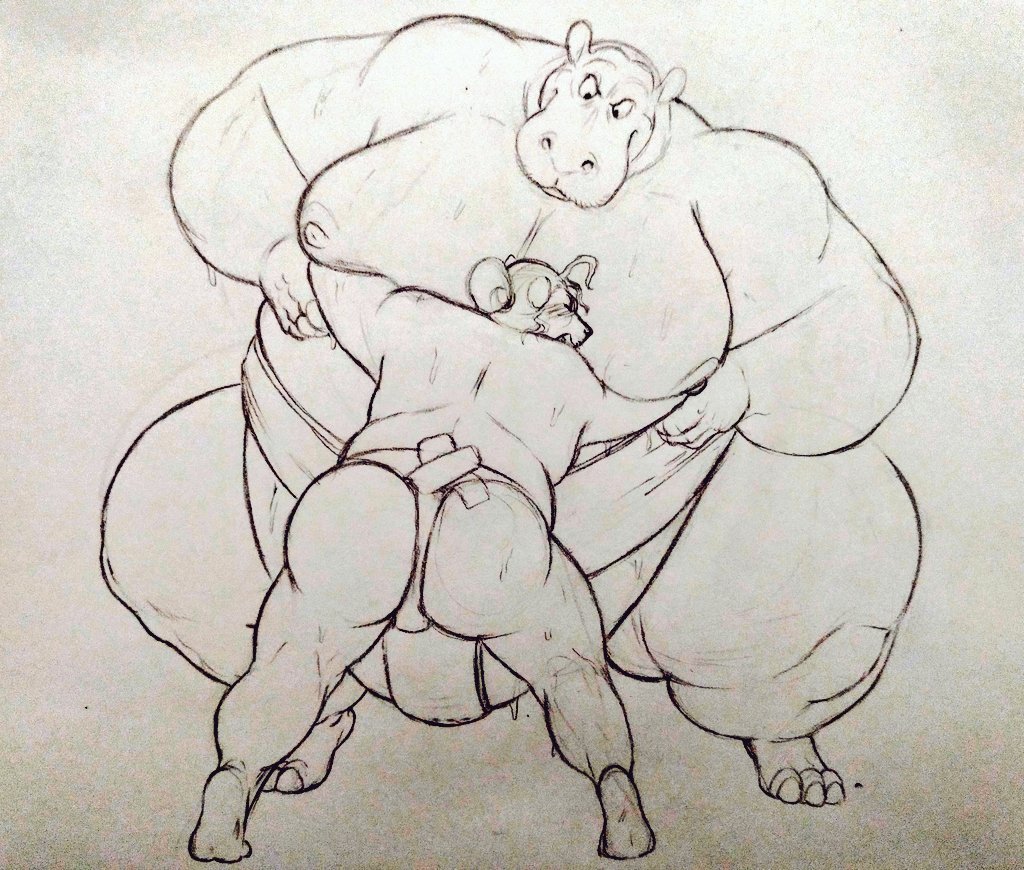 anthro ass belly feline hippo hippopotamid huge_belly itzcharlie kosmonius lion male male_only moobs nipples overweight overweight_male size_difference sumo sumo_wrestling sweat