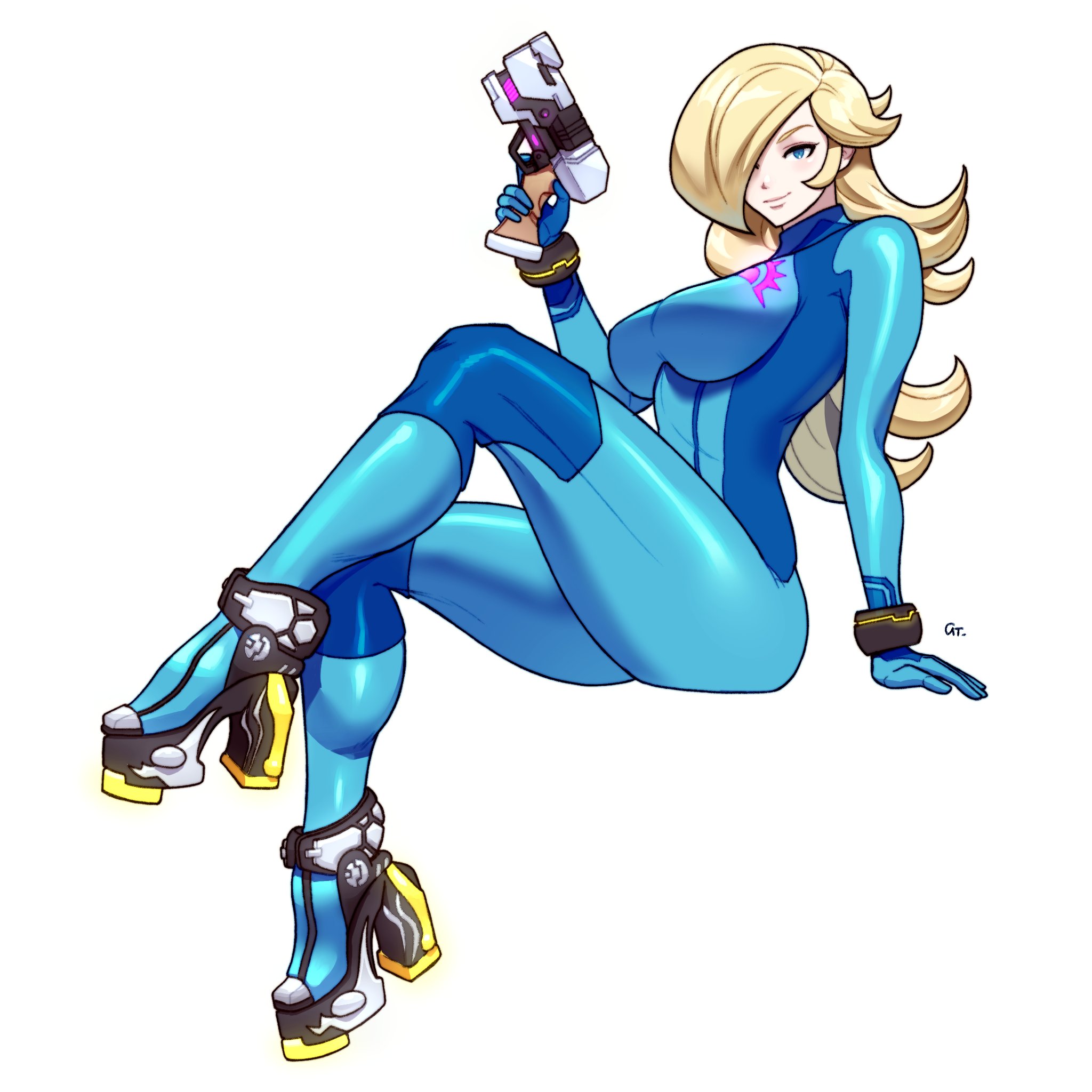 1girls, 2023, alternate costume, blonde hair, blue bodysuit, blue eyes, bodysuit, breasts, clothing, crossover, female, female only, ghost lordd, hair over one eye, high heels, holding pistol, holding weapon, jpeg, large breasts, light skin, long blonde hair, long hair, mario (series), metroid, nintendo, perky breasts, platform heels, princess rosalina, safe for work, samus aran, samus aran (cosplay), sfw, simple background, sitting, skin tight, solo, super mario galaxy, tight clothing, weapon, white background, zero suit, zero suit samus, zero suit samus (cosplay)