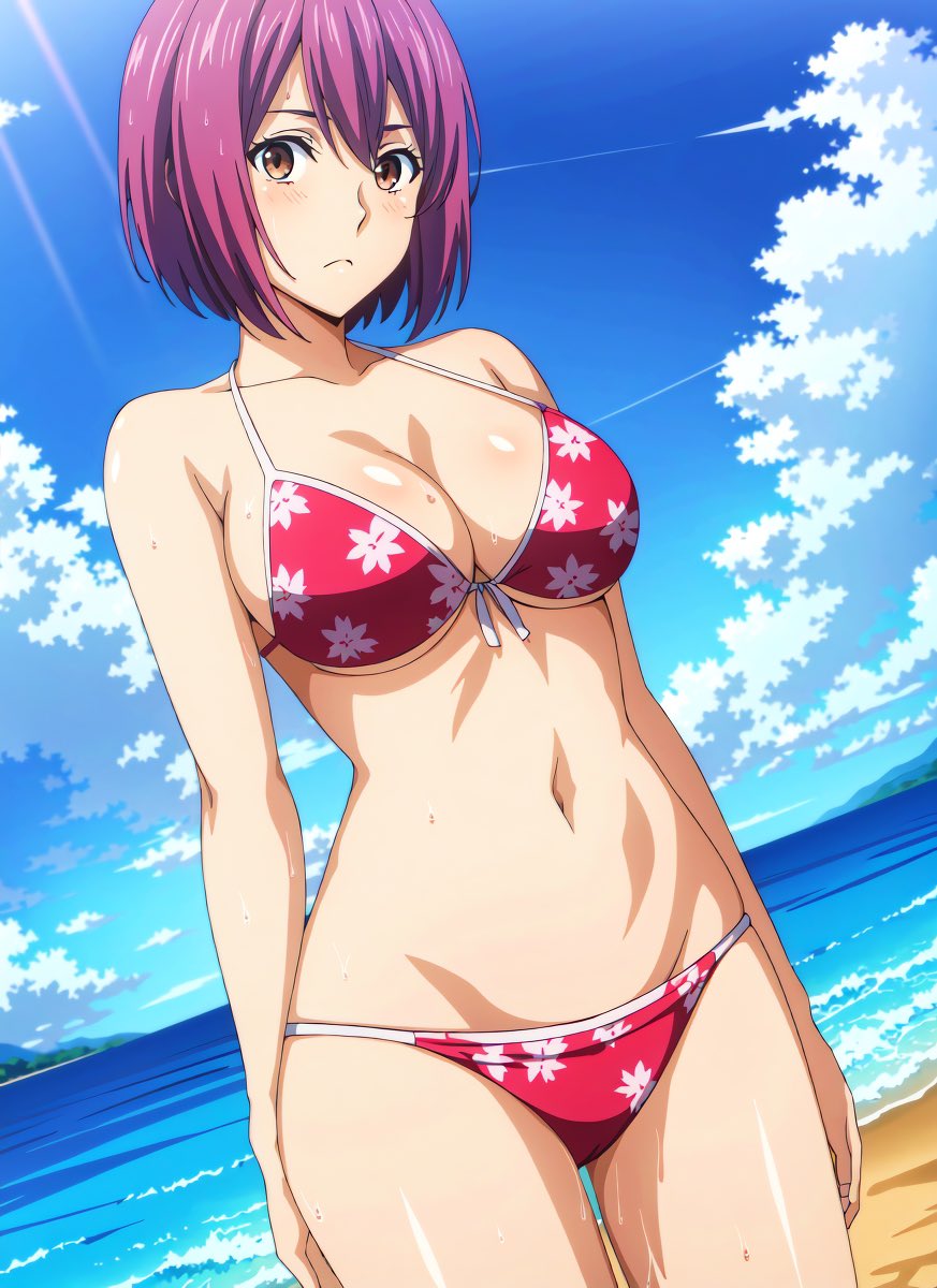 1girls ai_generated arato_hisako beach big_breasts bikini breasts brown_eyes busty cleavage female female_only hi_res large_breasts legs looking_at_viewer navel pale-skinned_female purple_hair shokugeki_no_souma short_hair sweat thighs voluptuous water wet