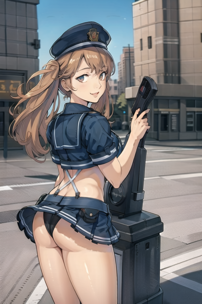 ai_generated ass blush breasts brown_eyes brown_hair female from_behind goddess_of_victory:_nikke hat long_hair looking_at_viewer looking_back miniskirt miranda_(nikke) open_mouth panties police police_uniform policewoman shiny shiny_hair shiny_skin sideboob skirt smile solo thick_thighs twintails very_long_hair