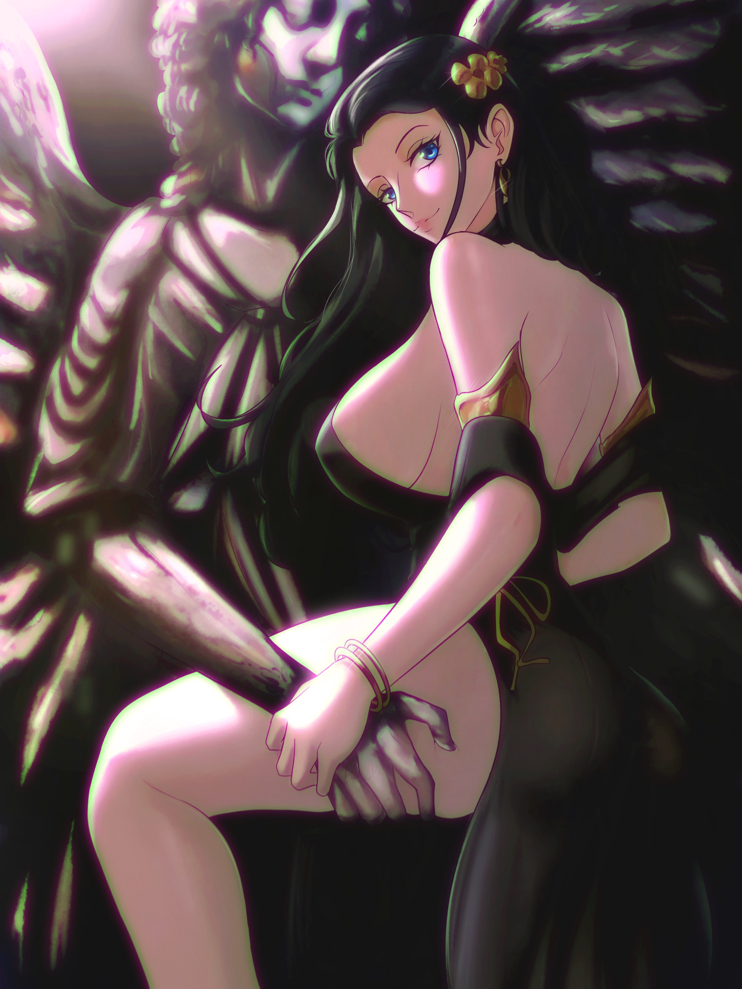 1girls, bare back, bare shoulders, bare thighs, black dress, black hair, black-haired female, blue eyes, bracelet, female, female only, looking at viewer, nico robin, one piece, opalisart, post-timeskip, revealing clothes, statue, tagme, thigh grab