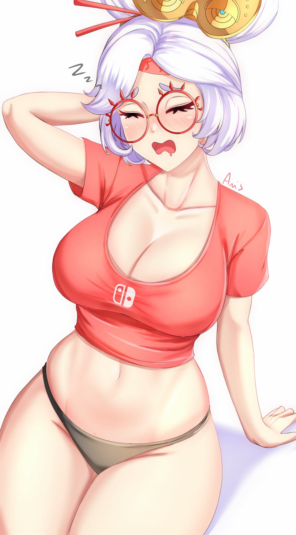 anisdrawn, black panties, breasts, female, female only, glasses, nintendo, purah, purah (tears of the kingdom), solo, tagme, tears of the kingdom, the legend of zelda, thighs together, white hair