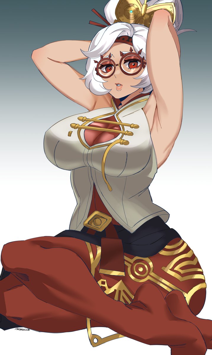 1girls 2023 arm_up armpit armpit_crease armpits arms_behind_head arms_up artist_name big_breasts boob_window breasts ceroccb chopsticks_in_hair cleavage female female_only glasses hair_bun hair_ornament huge_breasts lips purah purah_(tears_of_the_kingdom) red_eyes sole_female solo tears_of_the_kingdom the_legend_of_zelda tight_clothing unique_glasses white_hair