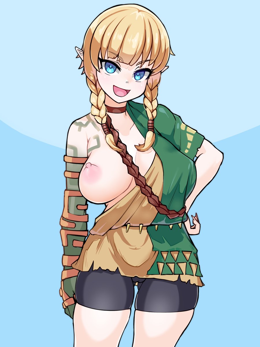 1girls areolae body_markings breasts casual erect_nipples female hand_on_hip horny huge_breasts hyrule_warriors ihcaris large_areolae light-skinned_female light_skin link_(cosplay) linkle nintendo nipples one_breast_out smile spats tears_of_the_kingdom the_legend_of_zelda thighs tunic