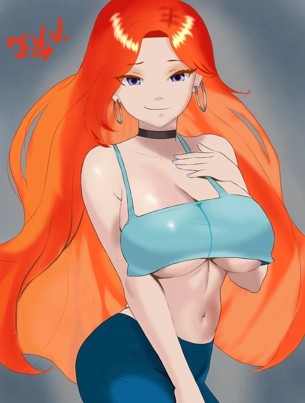 big breasts, blue eyes, breasts, chelsea (ruby gillman), clothing, female, human form, jpeg, large breasts, light skin, merfolk, mermaid, red hair, ruby gillman, teenage kraken, suggestive, tagme (artist)