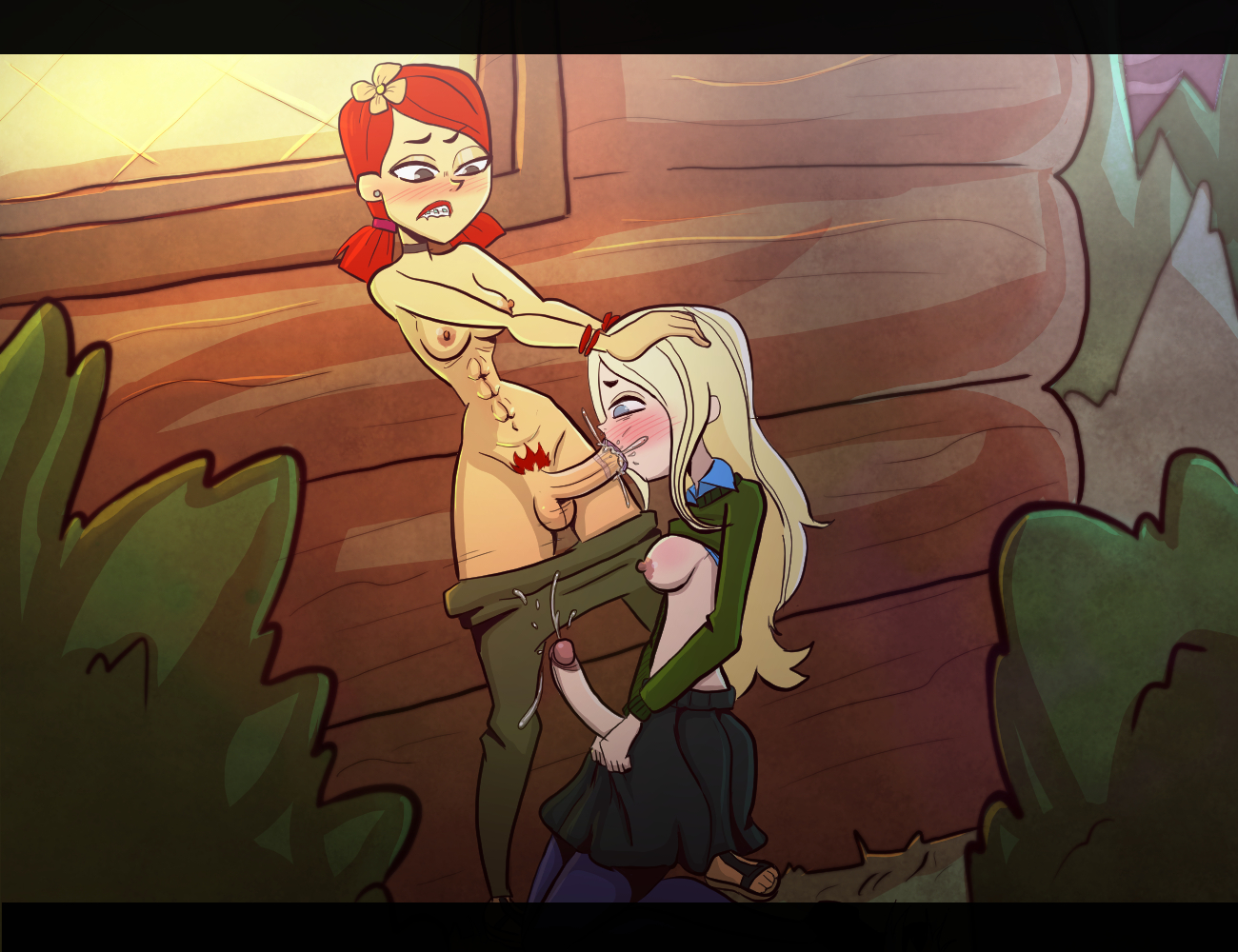 2futas, areolae, big penis, blonde hair, blowjob, breasts, clothed, clothing, cum, dawn (tdi), duo, erection, fellatio, female, futa on futa, futa only, futanari, human, intersex, kneeling, kuroki-hollow, light skin, light-skinned female, light-skinned futa, masturbating during fellatio, masturbation, nipples, nude, oral, pale skin, pale-skinned female, partially clothed, penis, red hair, sex, standing, total drama island, total drama: revenge of the island, zoey (tdi)