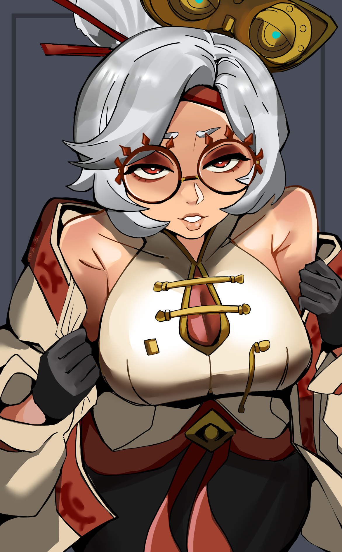 1girls, above view, breasts, breath of the wild, ceroccb, clothed, female, female only, fully clothed, glasses, hair ornament, huge breasts, plump lips, purah, purah (tears of the kingdom), seductive, seductive eyes, seductive look, seductive smile, solo, tears of the kingdom, the legend of zelda, thick lips, undressing, unique glasses, white hair