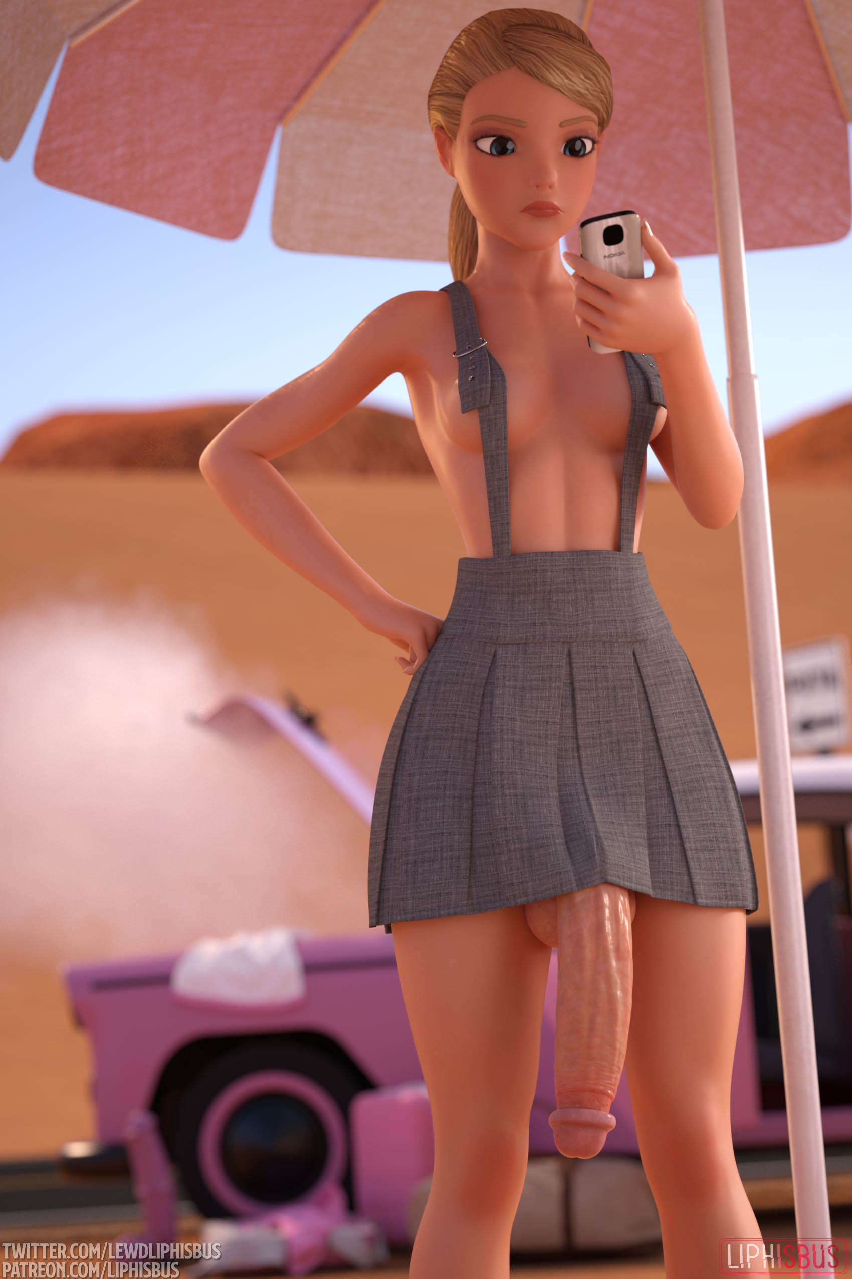 1futa 3d balls barbara_millicent_roberts barbie_(franchise) big_penis blonde_hair blue_eyes canyon car circumcised circumcised_futa daz_studio desert futa_only futanari horsecock_dildo huge_cock large_balls liphisbus looking_at_phone luggage nokia outdoors penis penis_to_the_knees penis_under_clothes penis_under_skirt phone skirt slim_girl umbrella